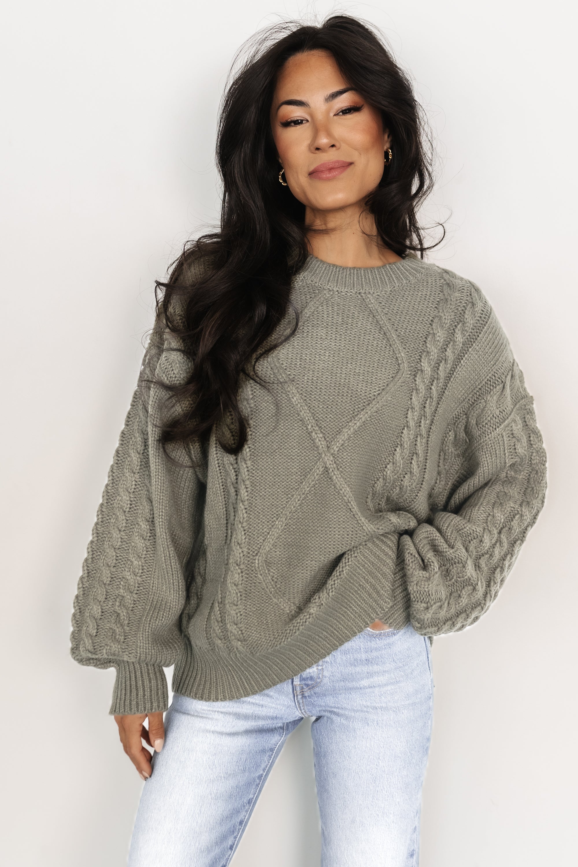 Olive Knit Sweater with Ribbed Details & Drop Shoulder Sleeves | Baltic Born