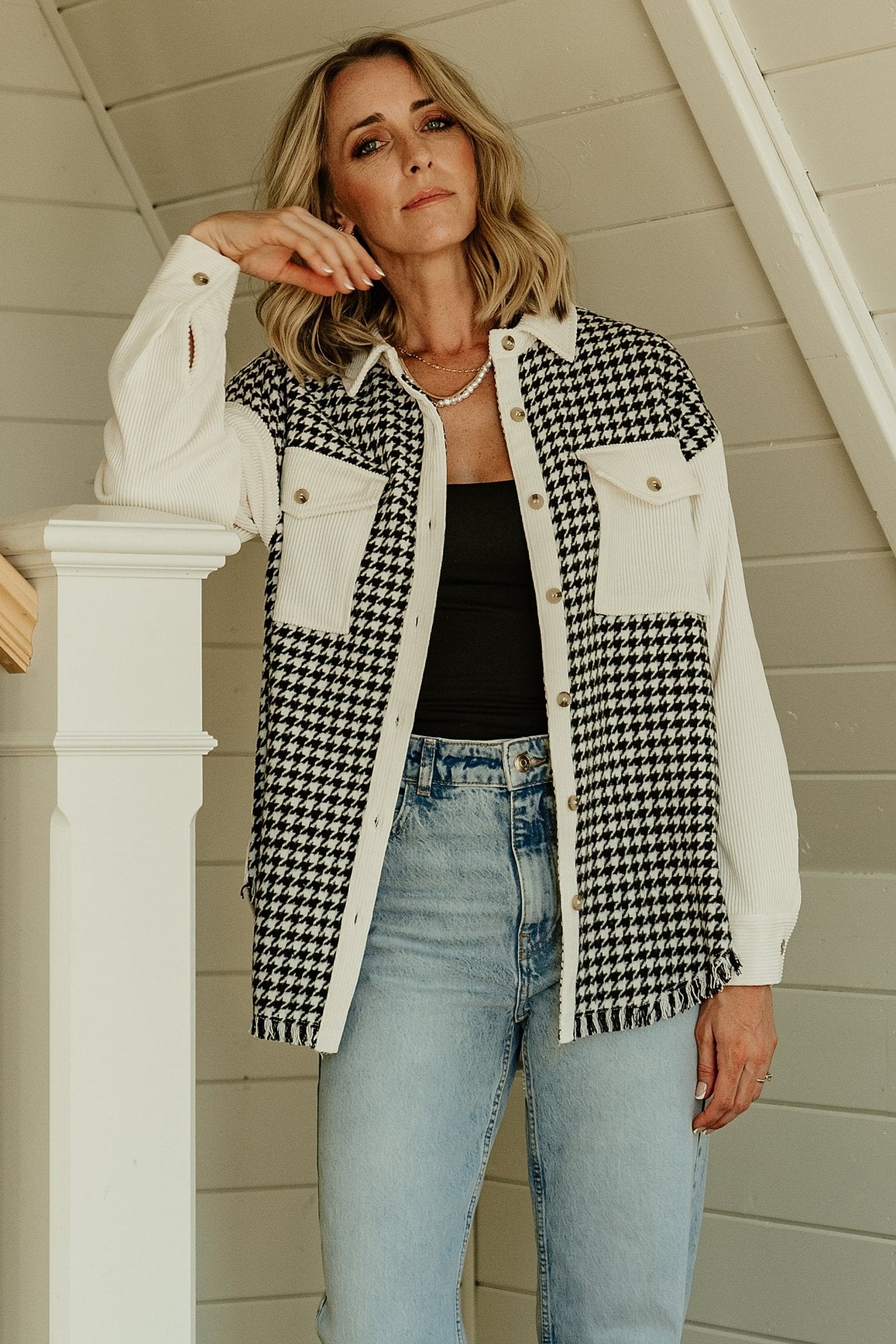 Houndstooth Shacket with Corduroy Collar & Pockets | Baltic Born