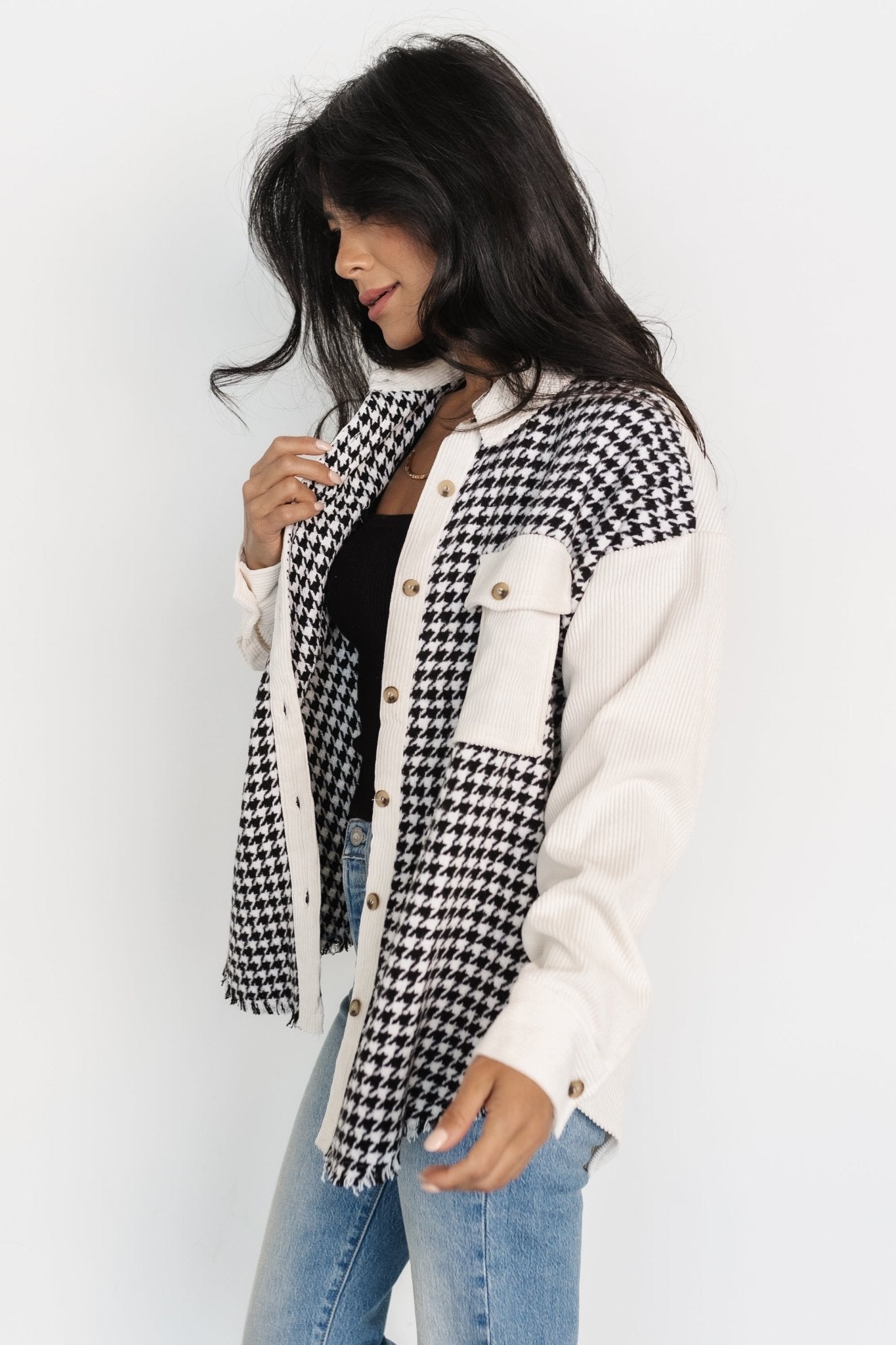 Houndstooth Shacket with Corduroy Collar & Pockets | Baltic Born