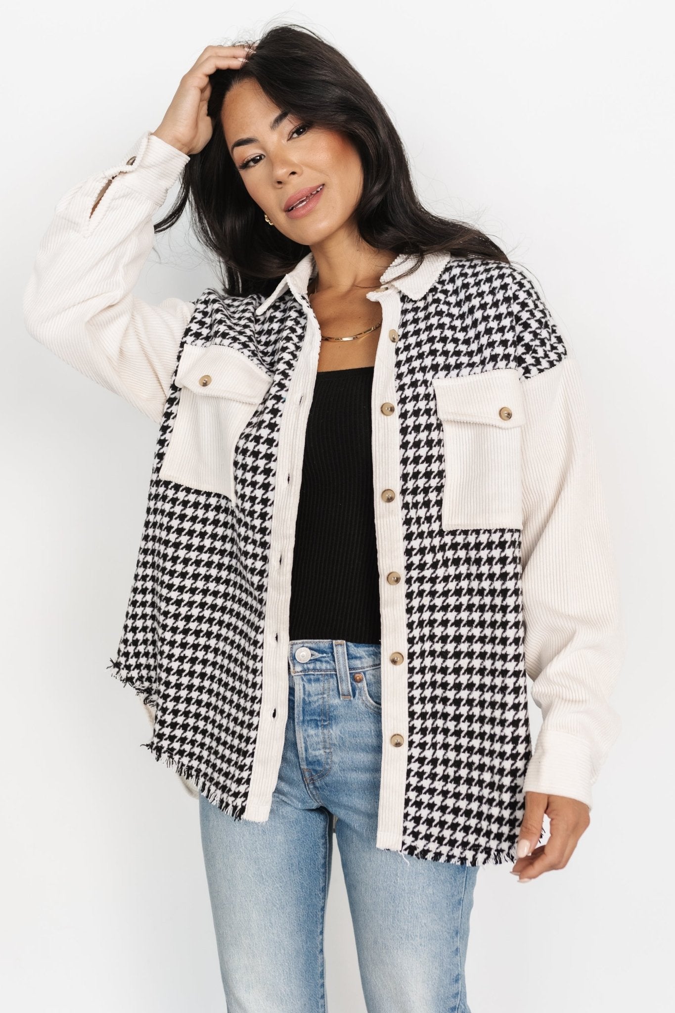 Houndstooth Shacket with Corduroy Collar & Pockets | Baltic Born