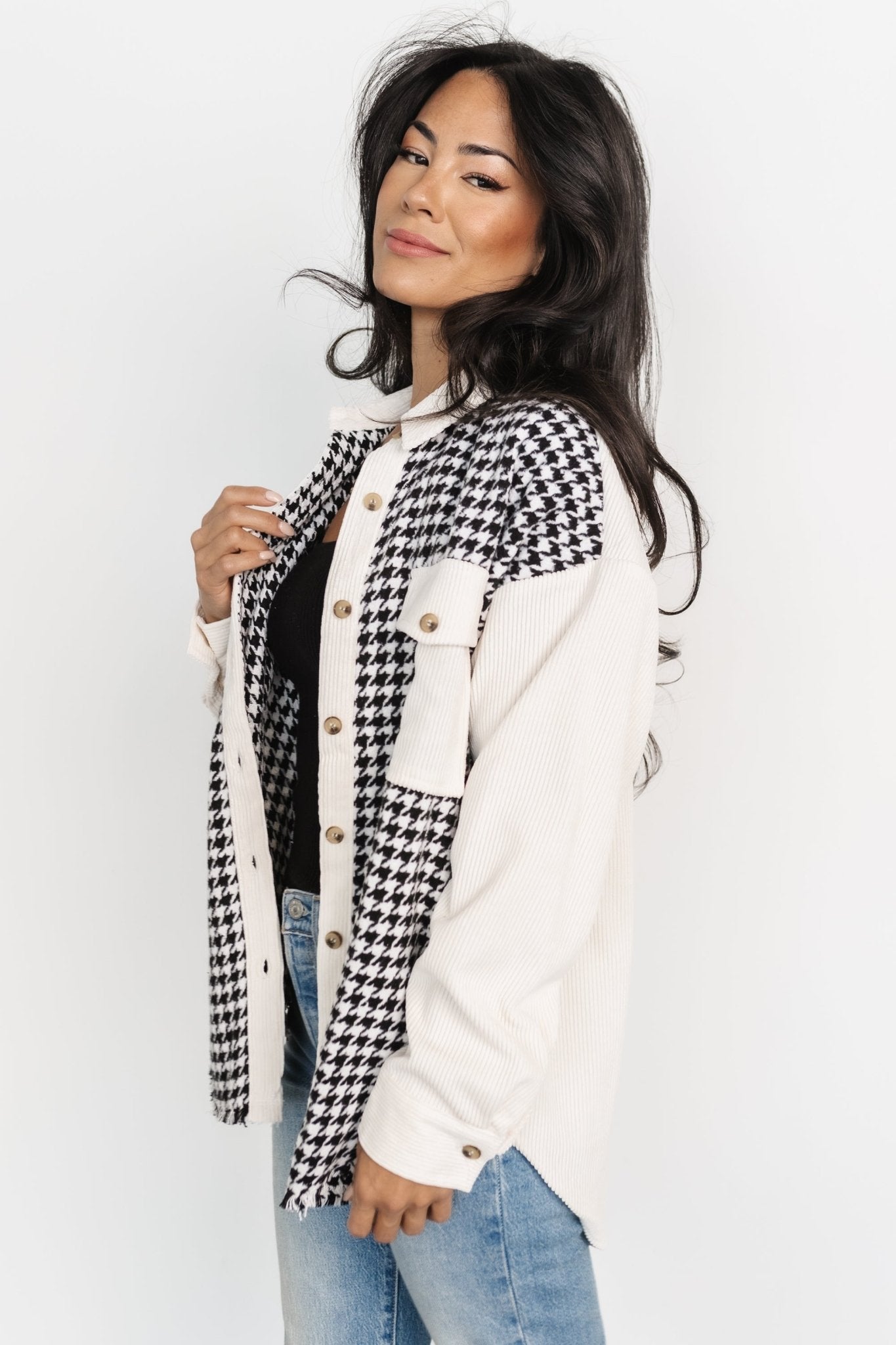 Houndstooth Shacket with Corduroy Collar & Pockets | Baltic Born