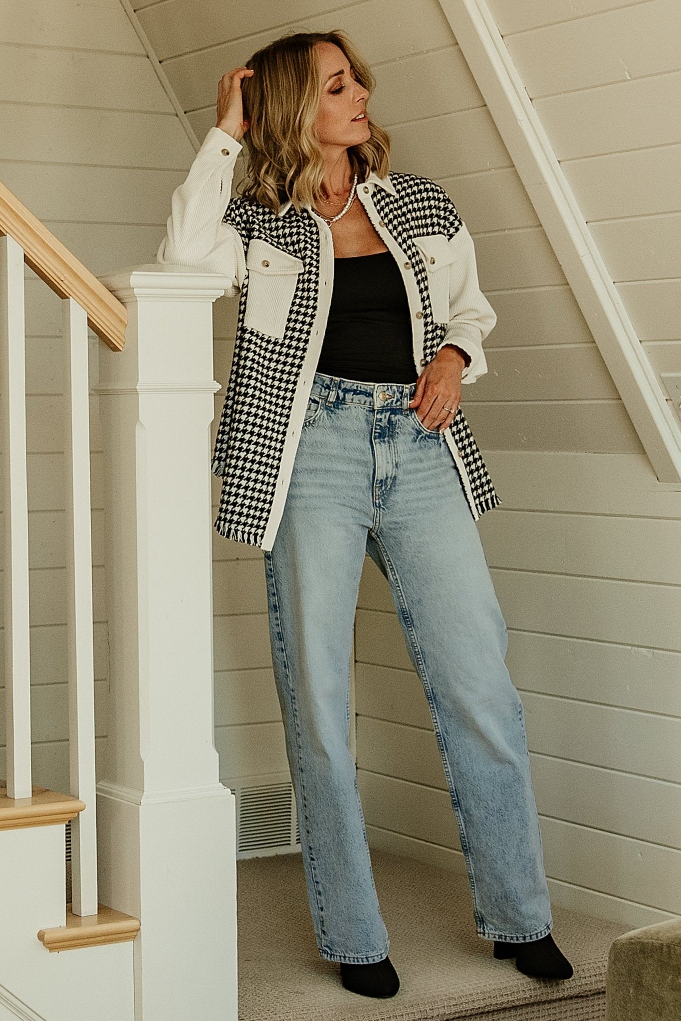 Houndstooth Shacket with Corduroy Collar & Pockets | Baltic Born