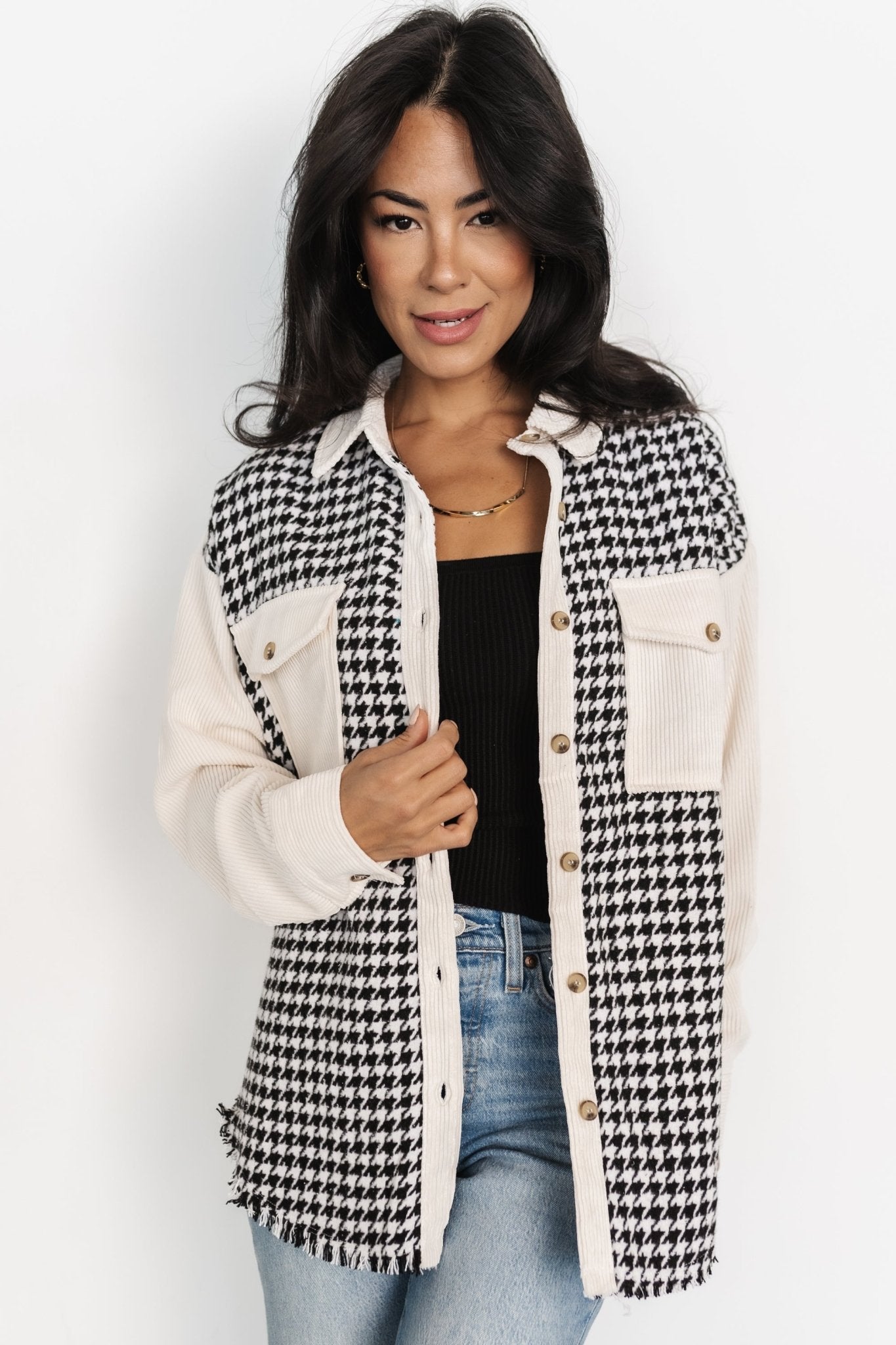 Houndstooth Shacket with Corduroy Collar & Pockets | Baltic Born