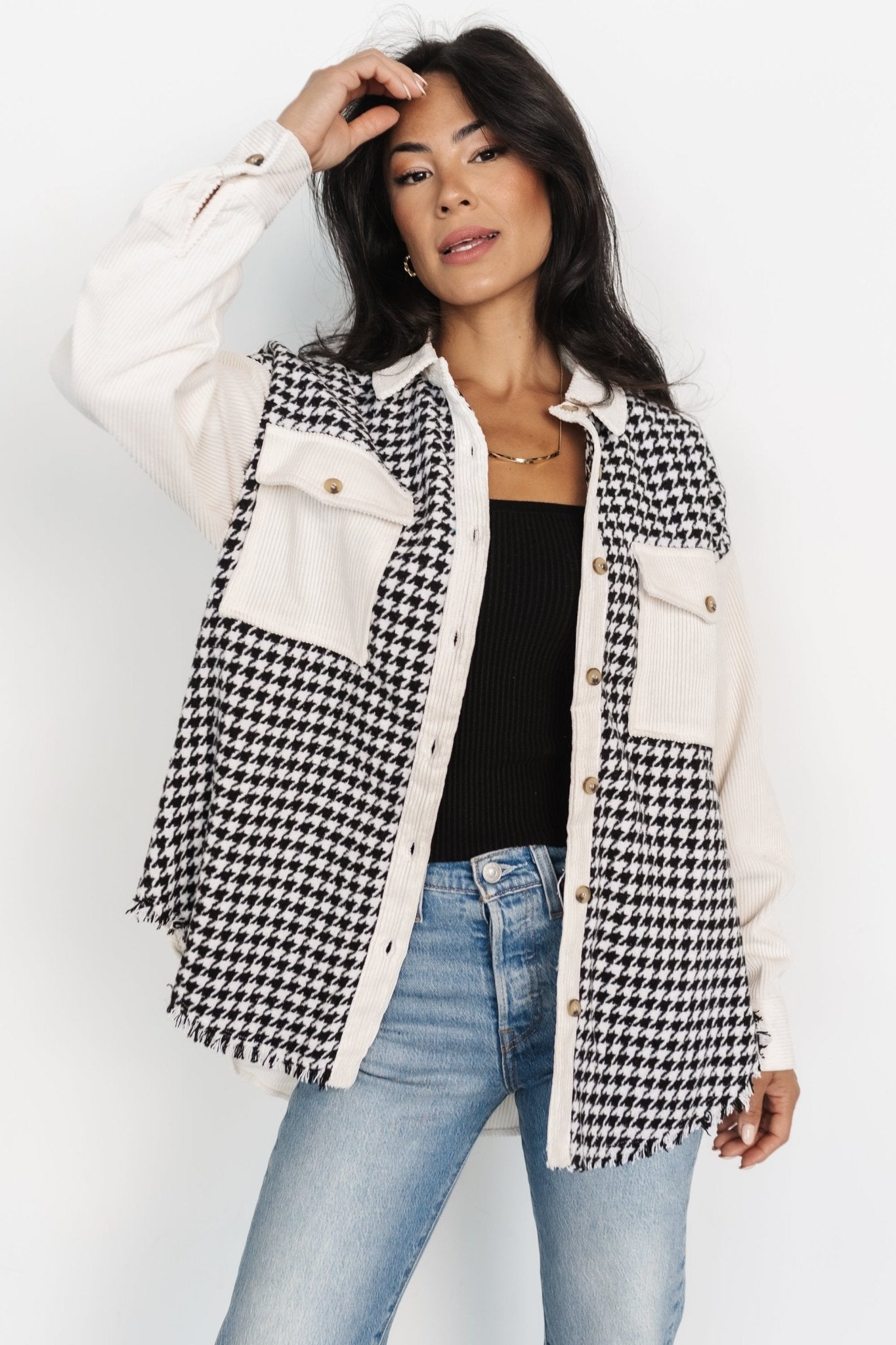 Houndstooth Shacket with Corduroy Collar & Pockets | Baltic Born