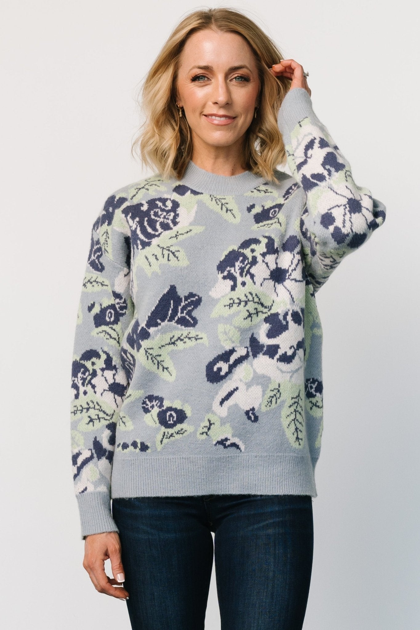 Oversized Light Blue Floral Sweater | Soft Knit with Ribbed Details