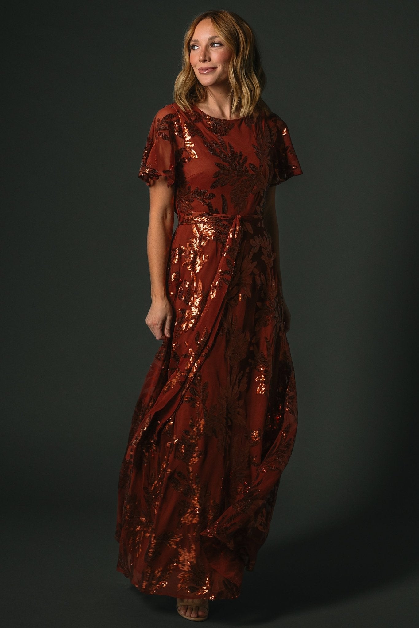 Sequin Maxi Dress with Leaf Detail & Waist Sash | Muse Cinnamon