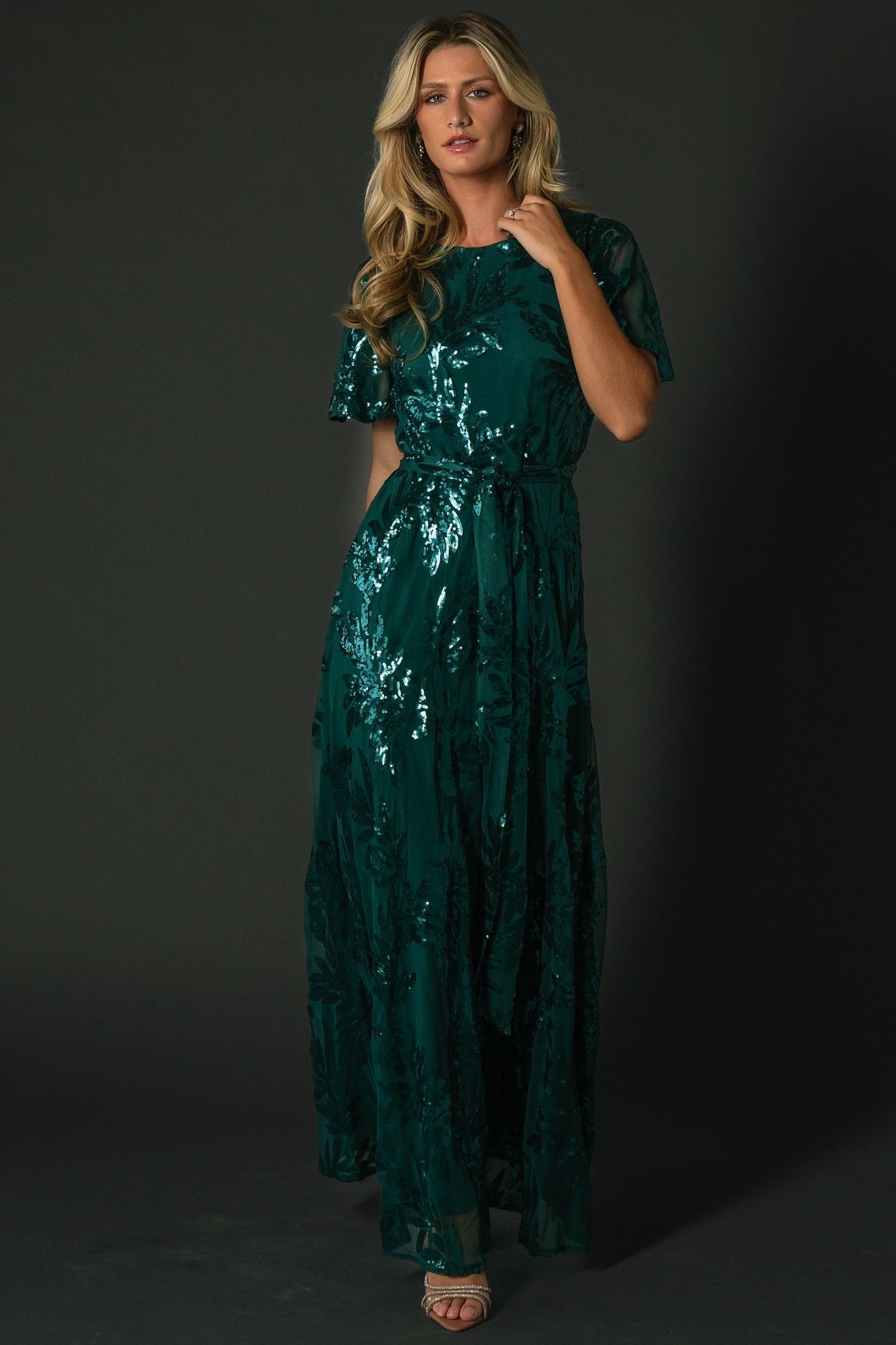Emerald Green Sequin Maxi Dress with Leaf Detail | Muse