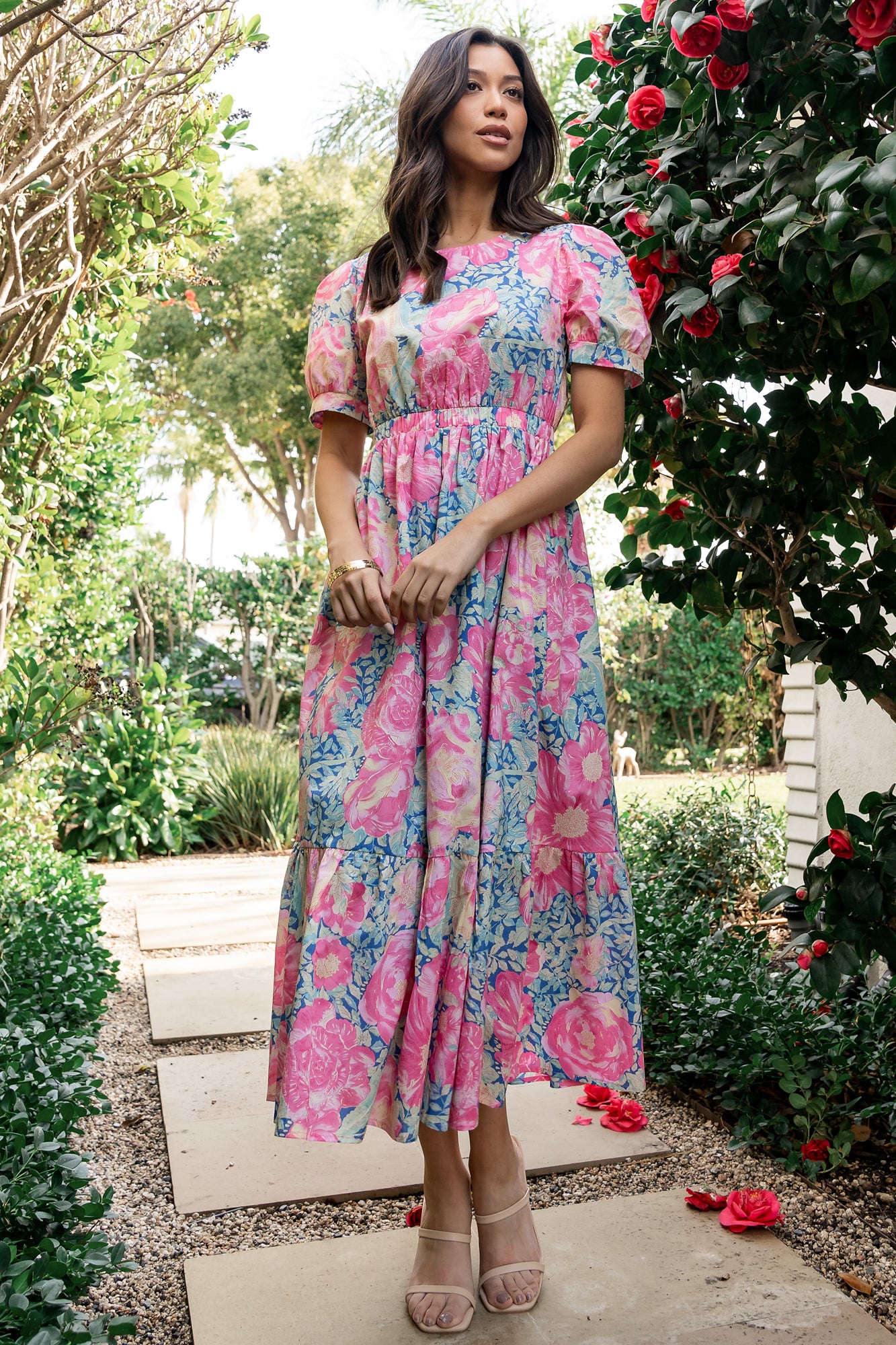 Blue & Pink Floral Midi Dress with Elastic Waist & Pockets | Baltic Born