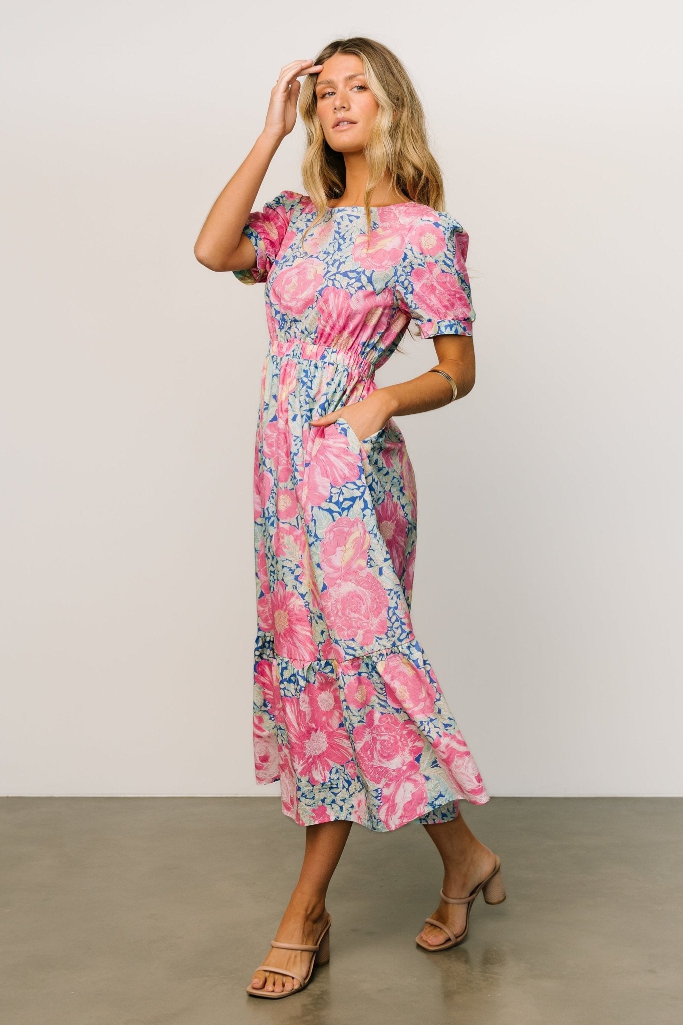 Blue & Pink Floral Midi Dress with Elastic Waist & Pockets | Baltic Born