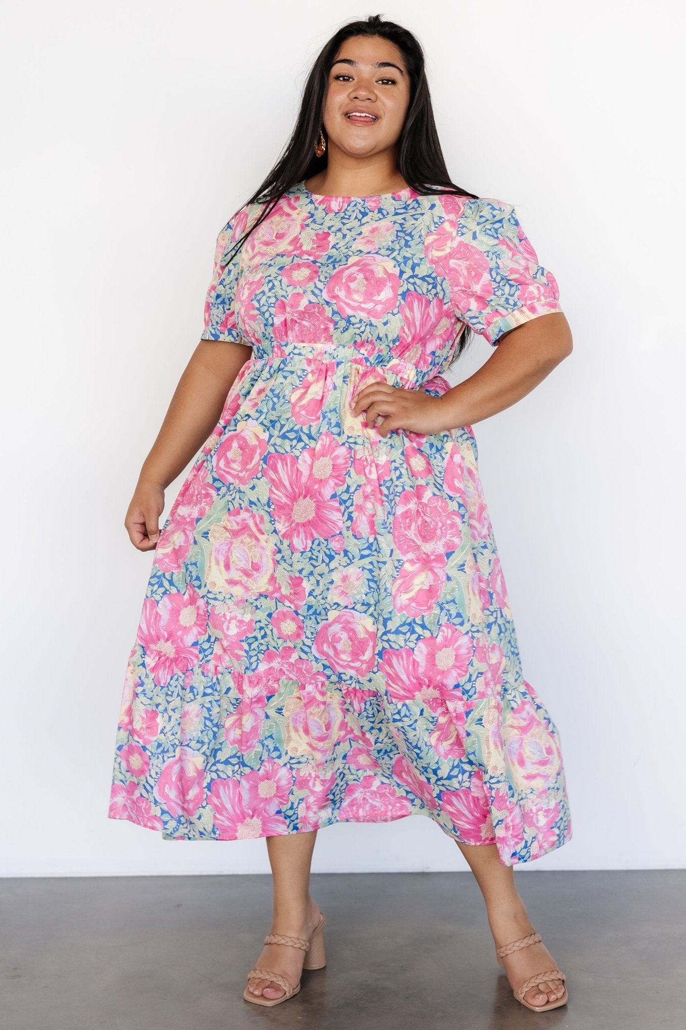 Blue & Pink Floral Midi Dress with Elastic Waist & Pockets | Baltic Born
