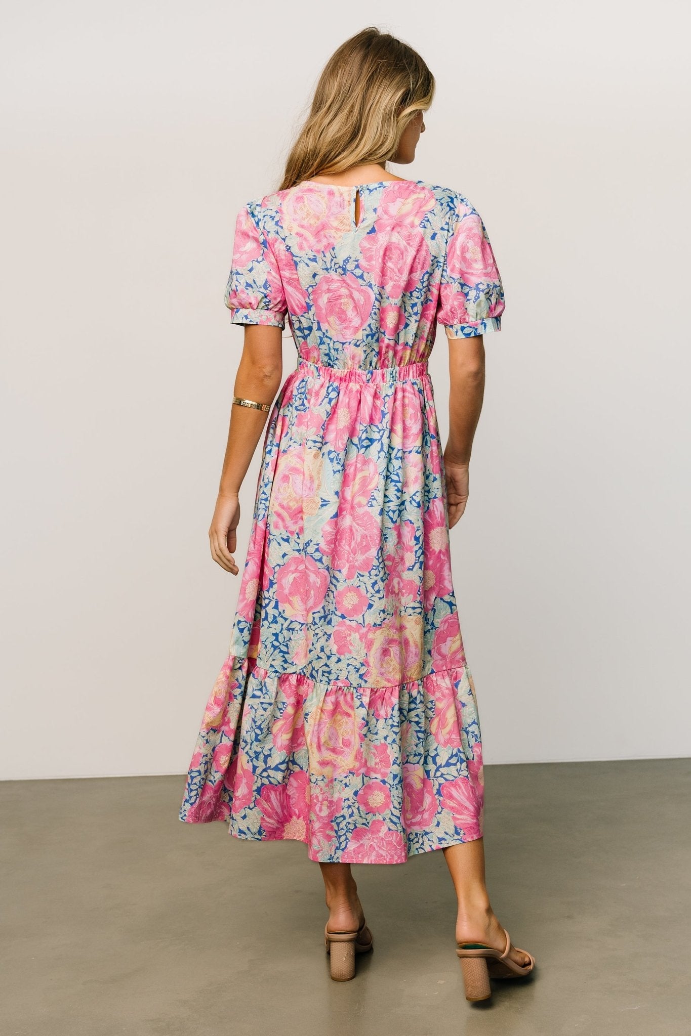 Blue & Pink Floral Midi Dress with Elastic Waist & Pockets | Baltic Born