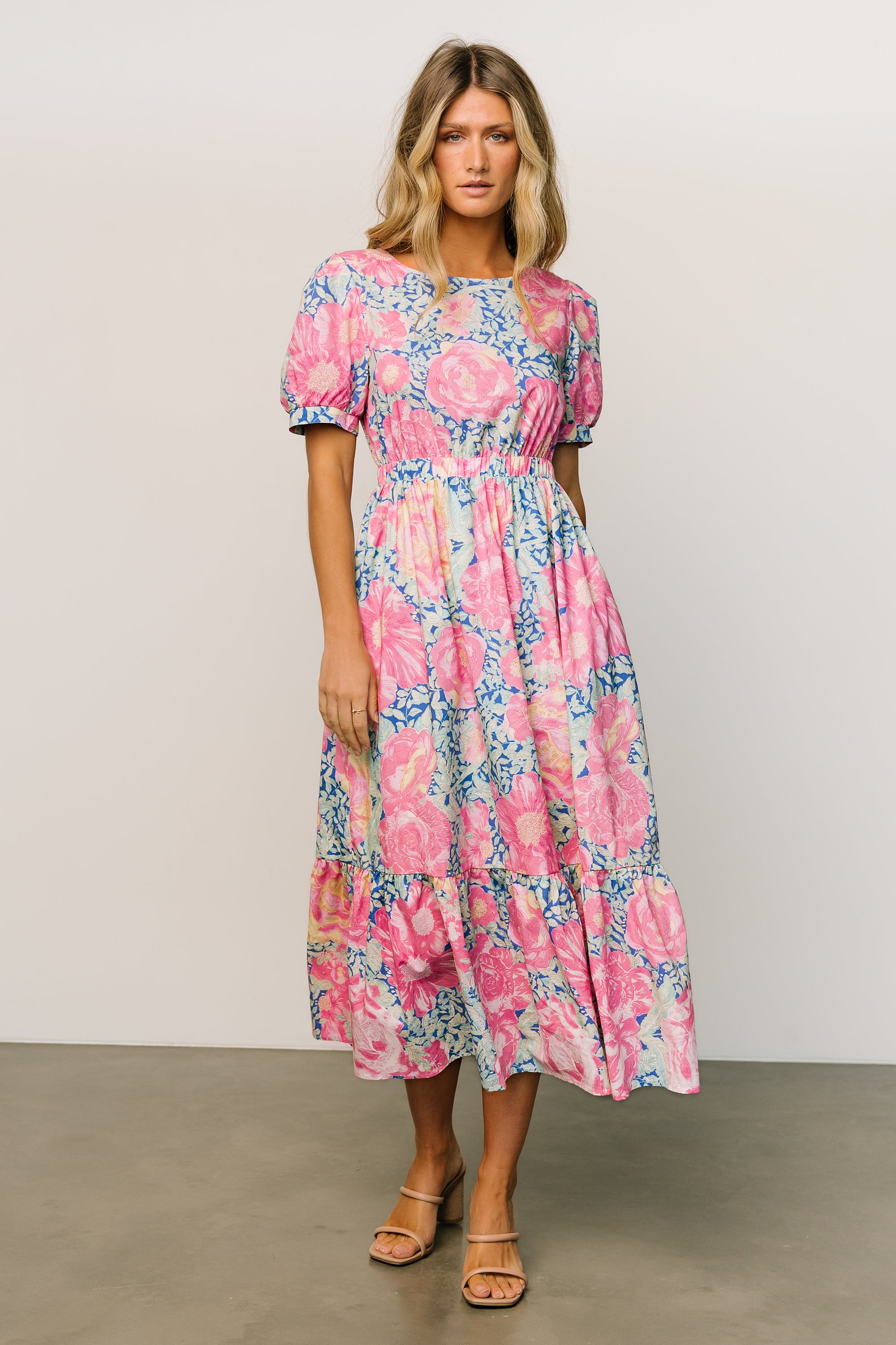 Blue & Pink Floral Midi Dress with Elastic Waist & Pockets | Baltic Born