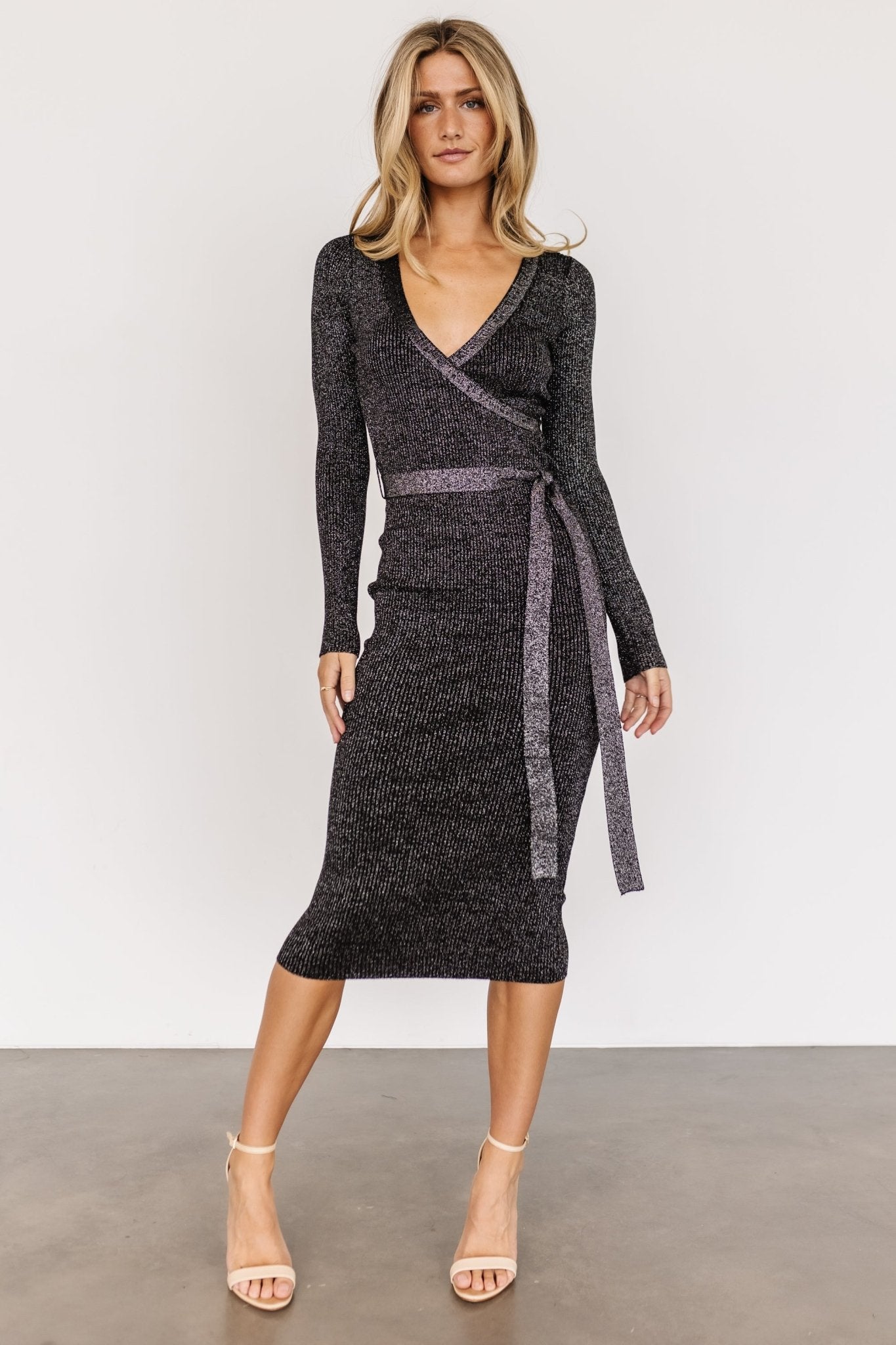 Black Ribbed Shimmer Midi Dress with V Neck & Waist Tie | Baltic Born