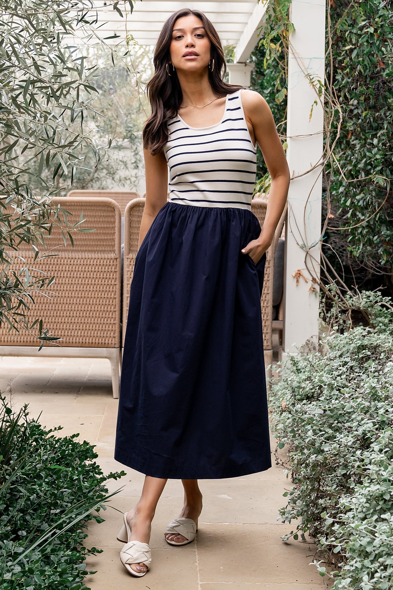 Navy Stripe Midi Tank Dress with Hidden Pockets | Baltic Born