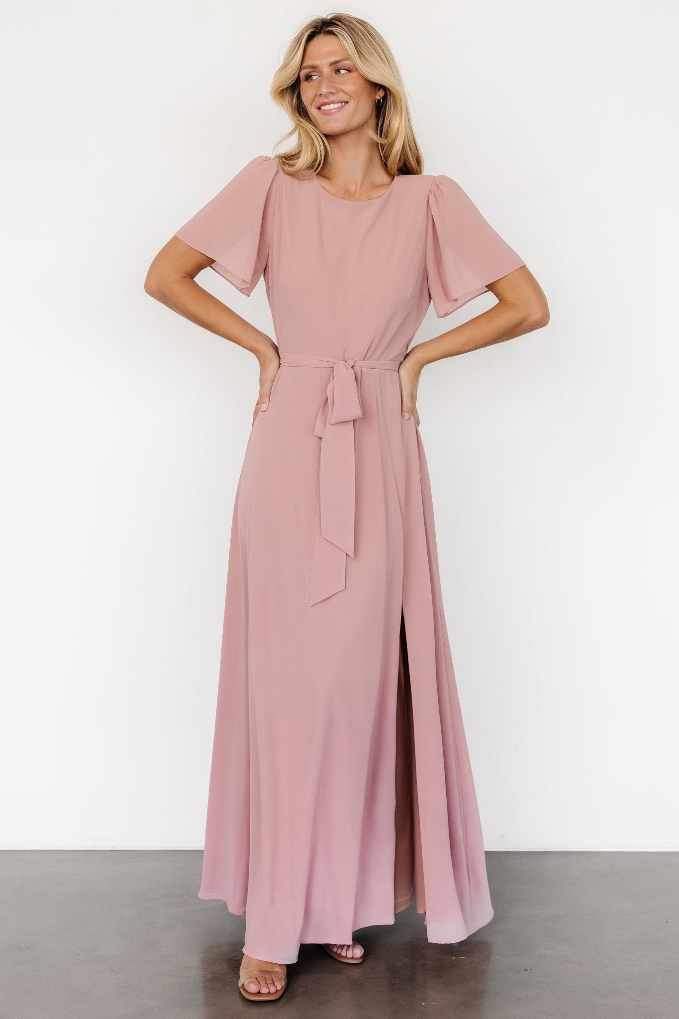 Blush Pink Chiffon Maxi Dress with Flutter Sleeves | Baltic Born
