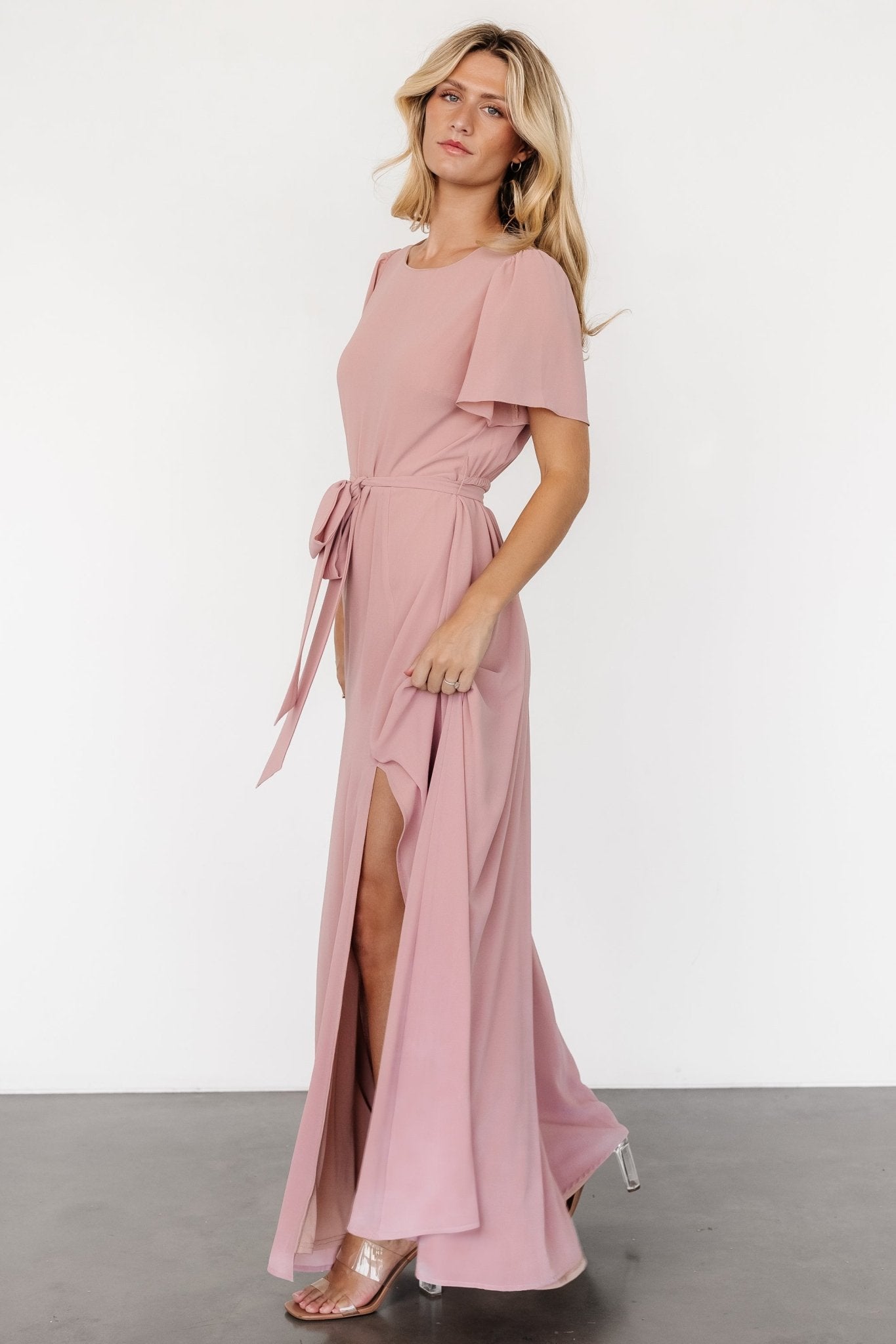 Blush Pink Chiffon Maxi Dress with Flutter Sleeves | Baltic Born