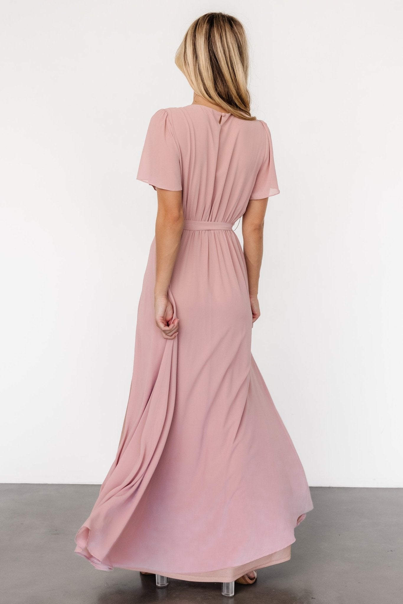 Blush Pink Chiffon Maxi Dress with Flutter Sleeves | Baltic Born
