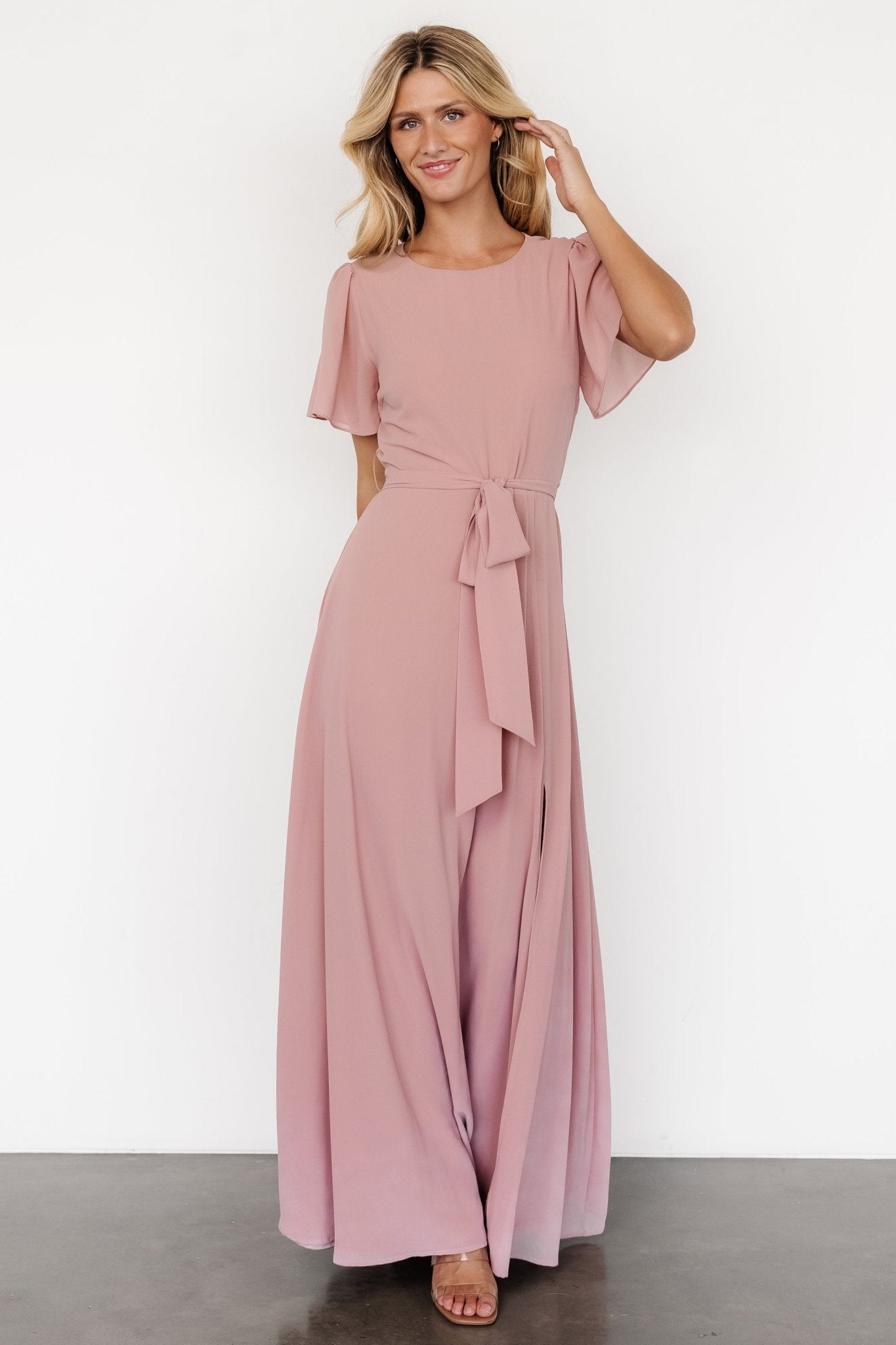 Blush Pink Chiffon Maxi Dress with Flutter Sleeves | Baltic Born