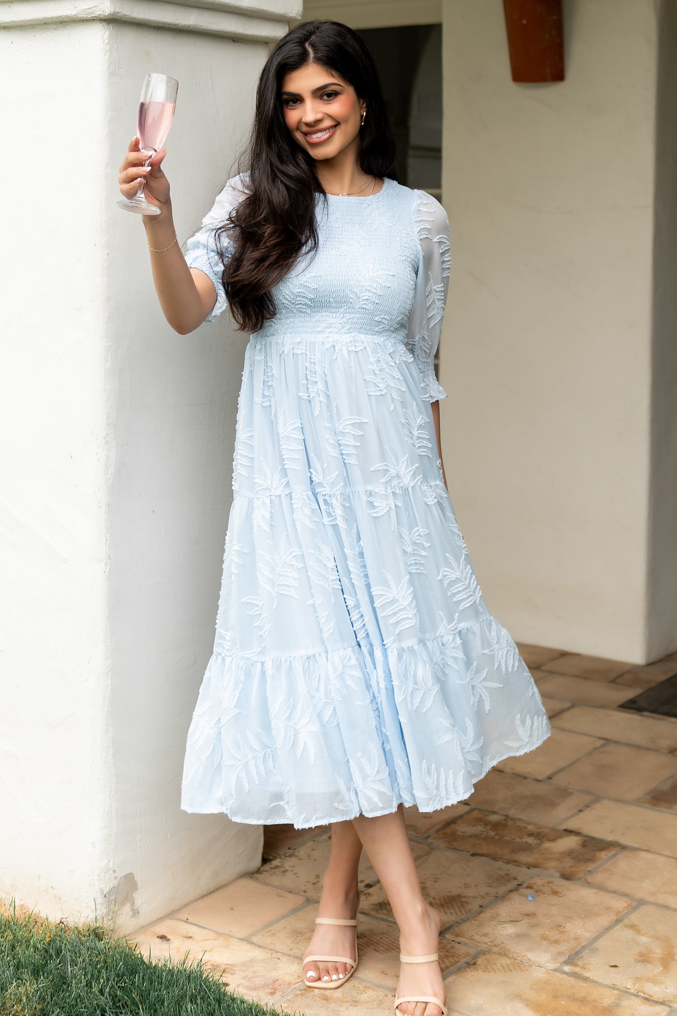 Light Blue Smocked Midi Dress with Puffed Sleeves | Baltic Born
