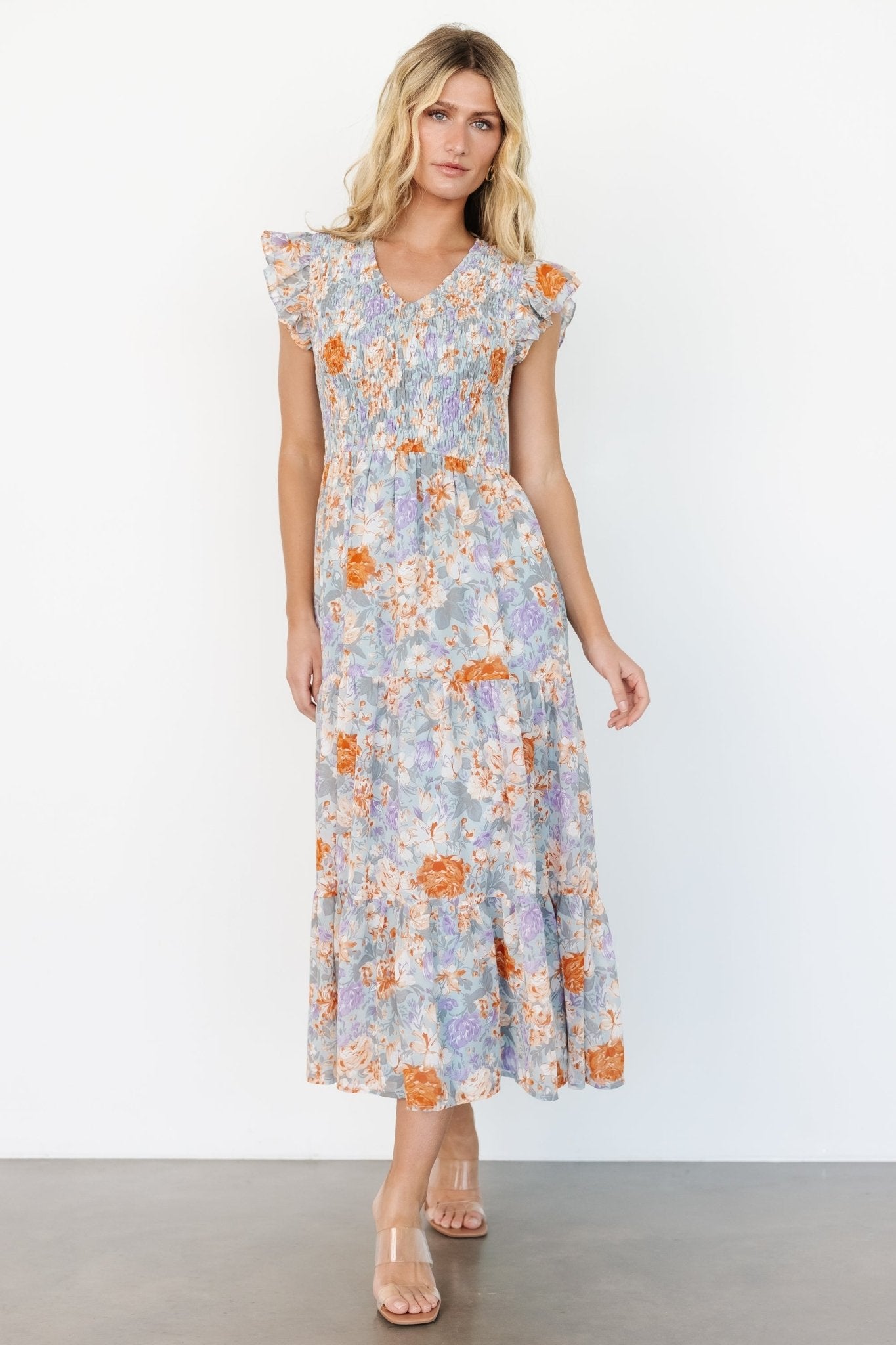 Light Blue Floral Smocked Maxi Dress for Summer | Arla