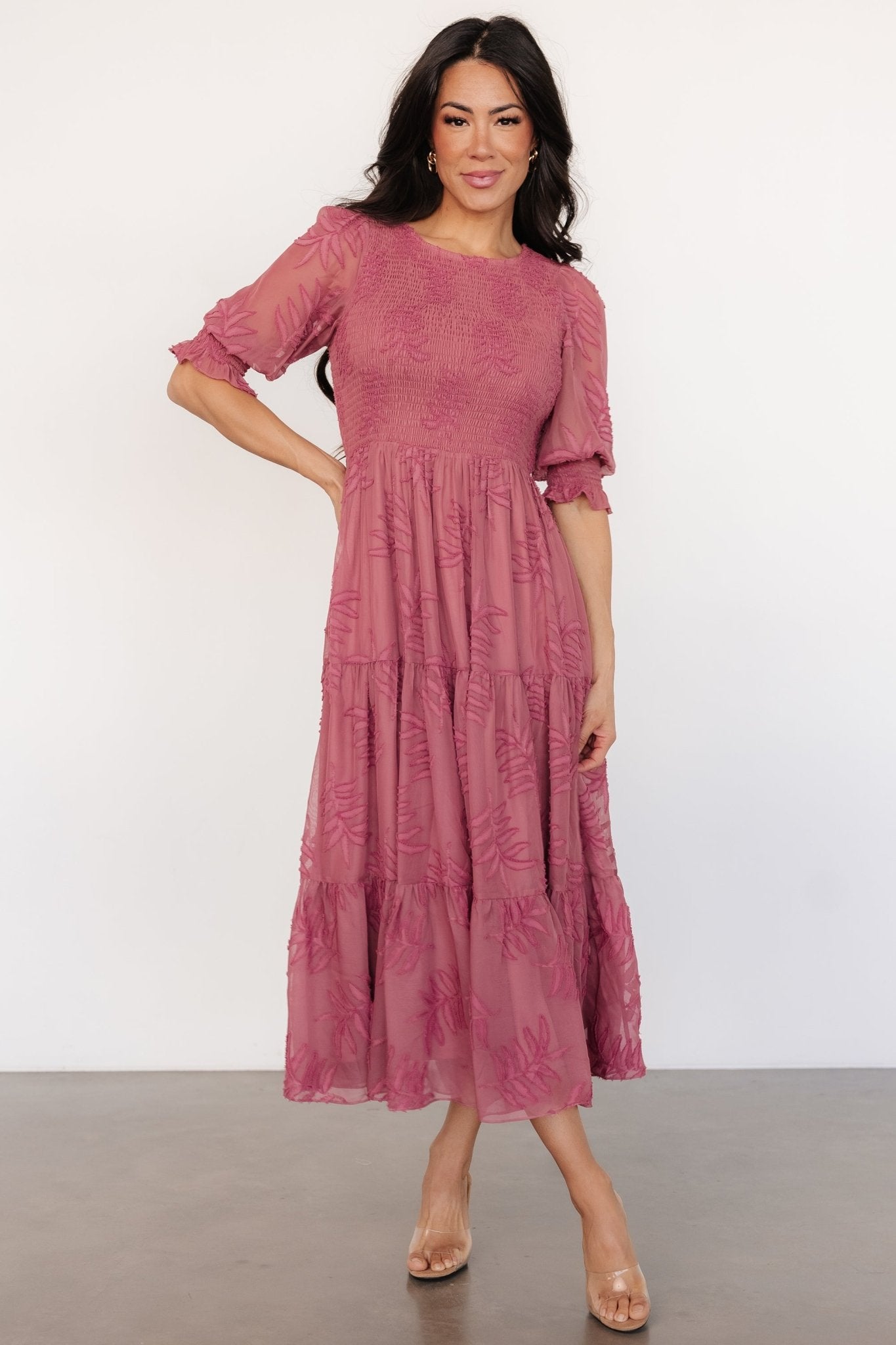 Smocked Midi Dress with Puffed Sleeves & Tiered Skirt | Nellie Vintage Rose