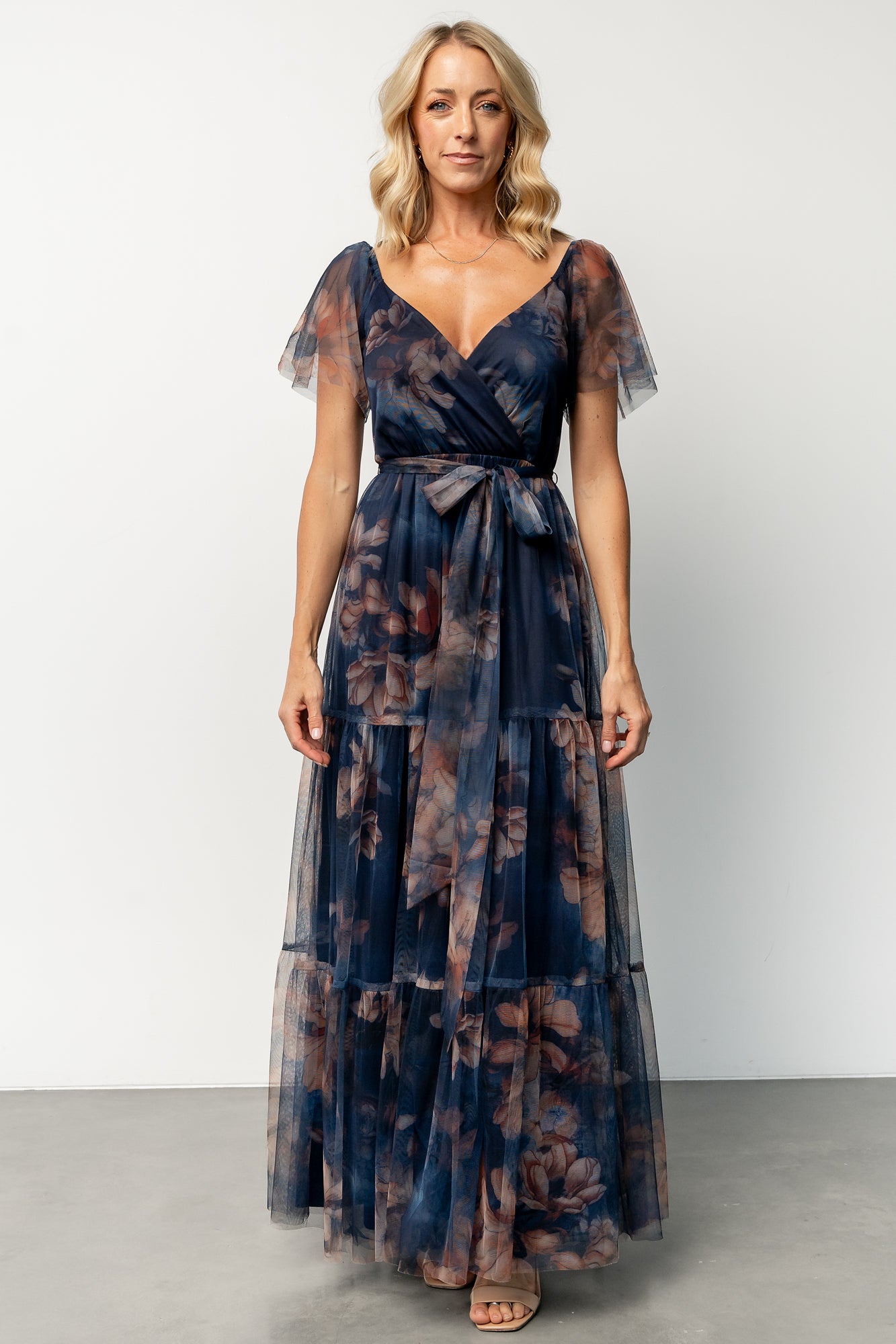 Floral Tulle Maxi Dress with Smocked Bodice | Nicola Dark Blue