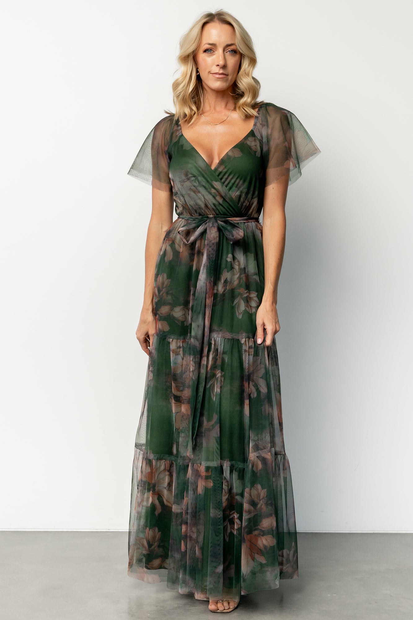 Deep Green Floral Tulle Maxi Dress for Special Occasions | Nicola