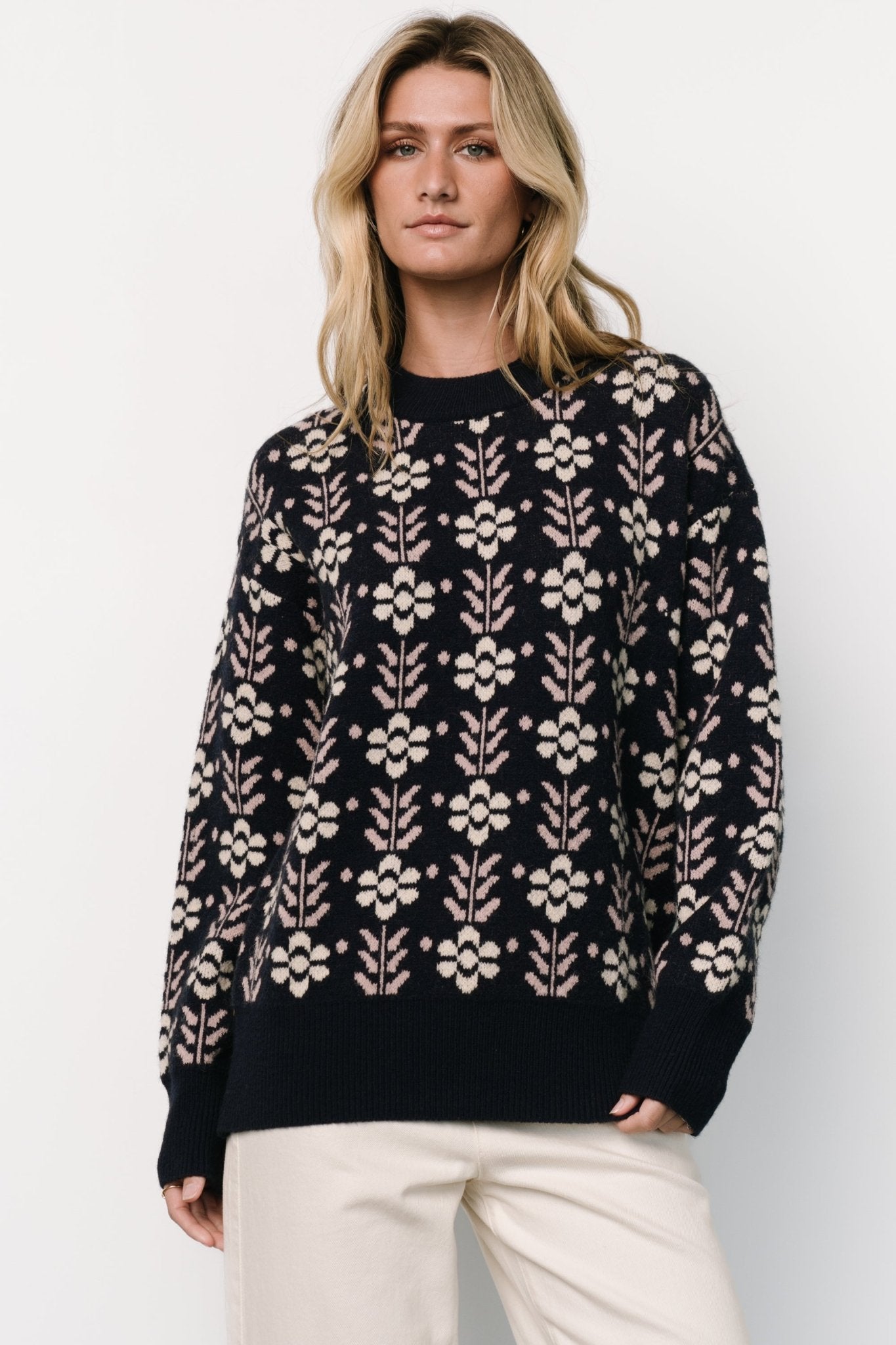 Floral Print Oversized Sweater | Navy Blue & Pink Knit