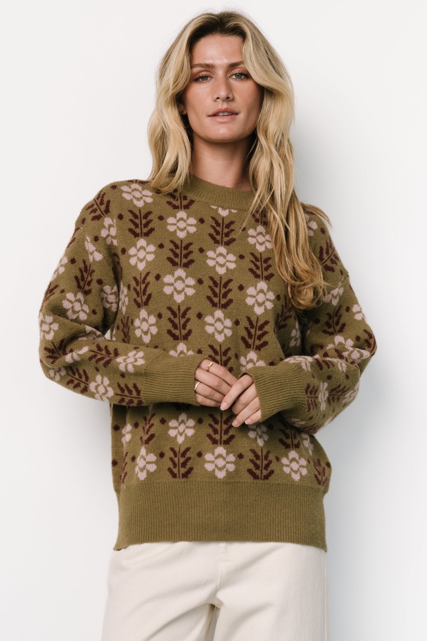 Floral Knit Sweater in Olive Green | Norris Oversized Fit