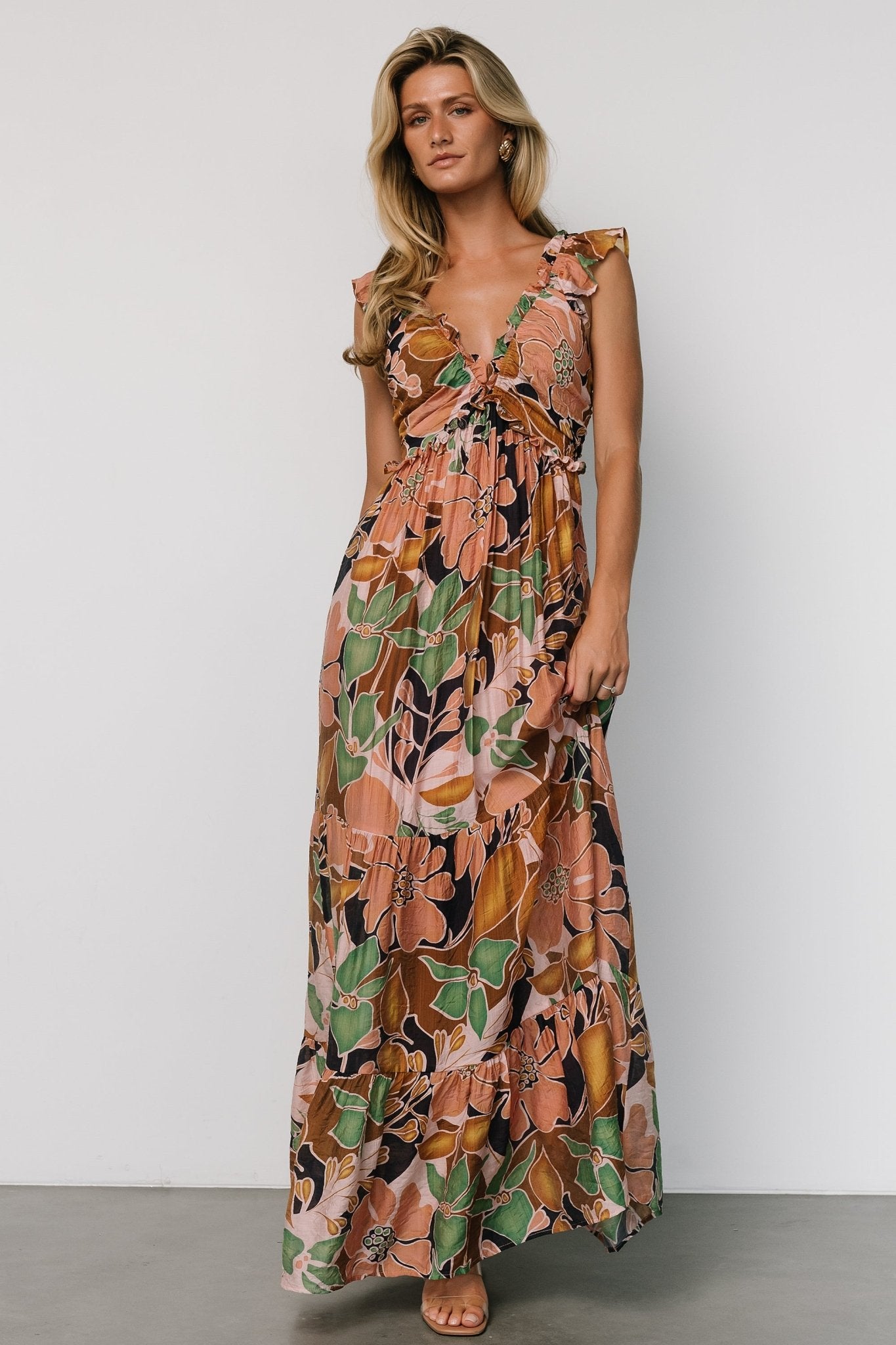 Floral Back Tie Maxi Dress for Women | Nylah Mocha Multi