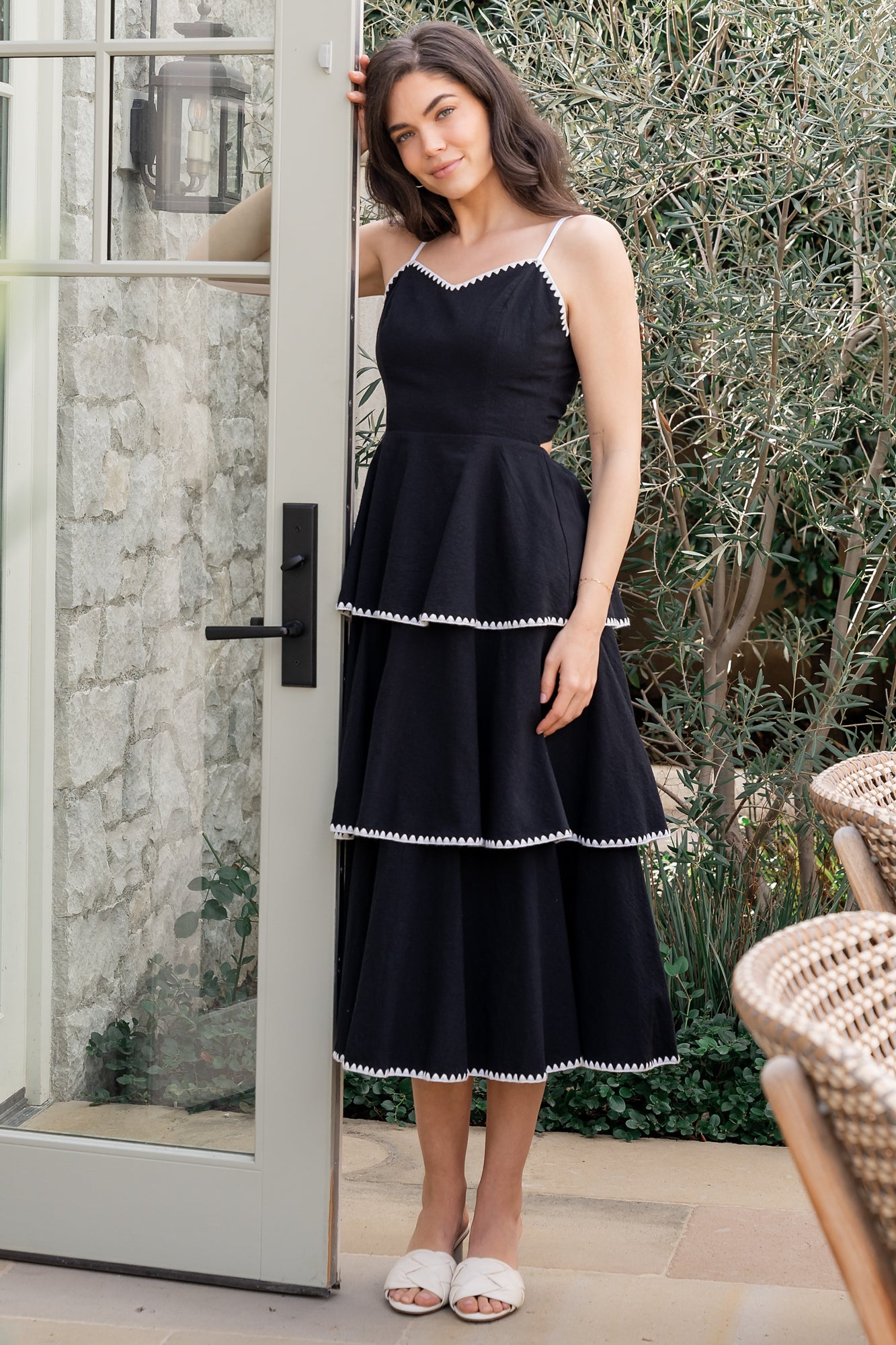 Tiered Linen-Blend Dress with V-Neck & Adjustable Straps | Odette