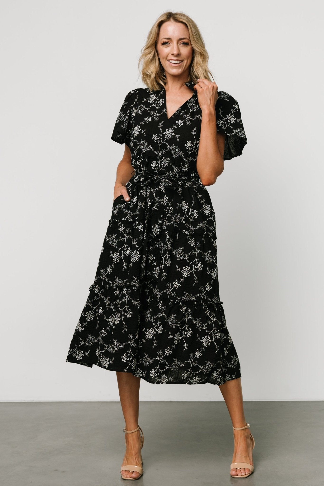 Black & White Floral Tiered Midi Dress with Pockets | Odeya