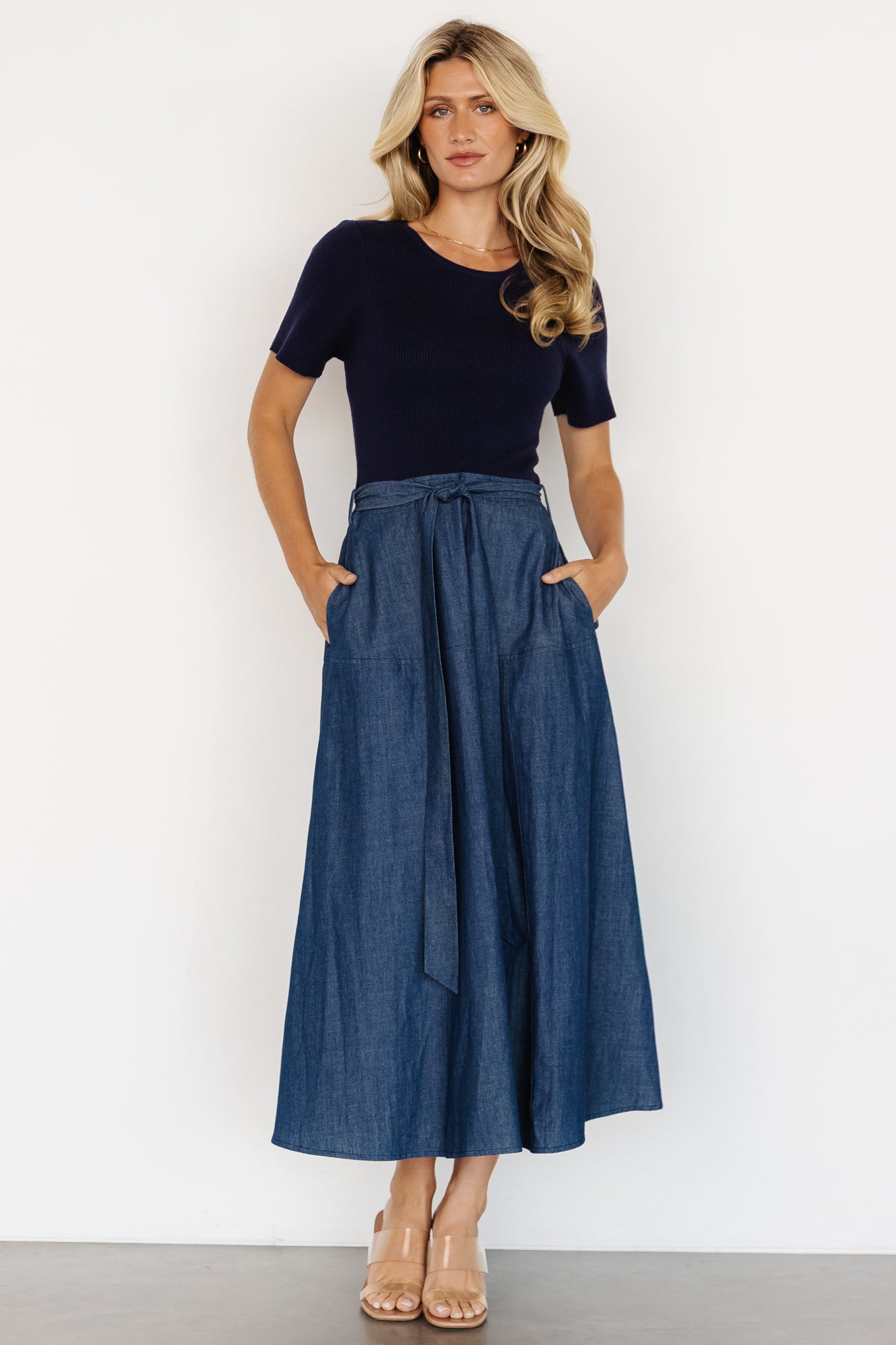 Chambray Midi Dress with Adjustable Waist Tie & Pockets | Baltic Born