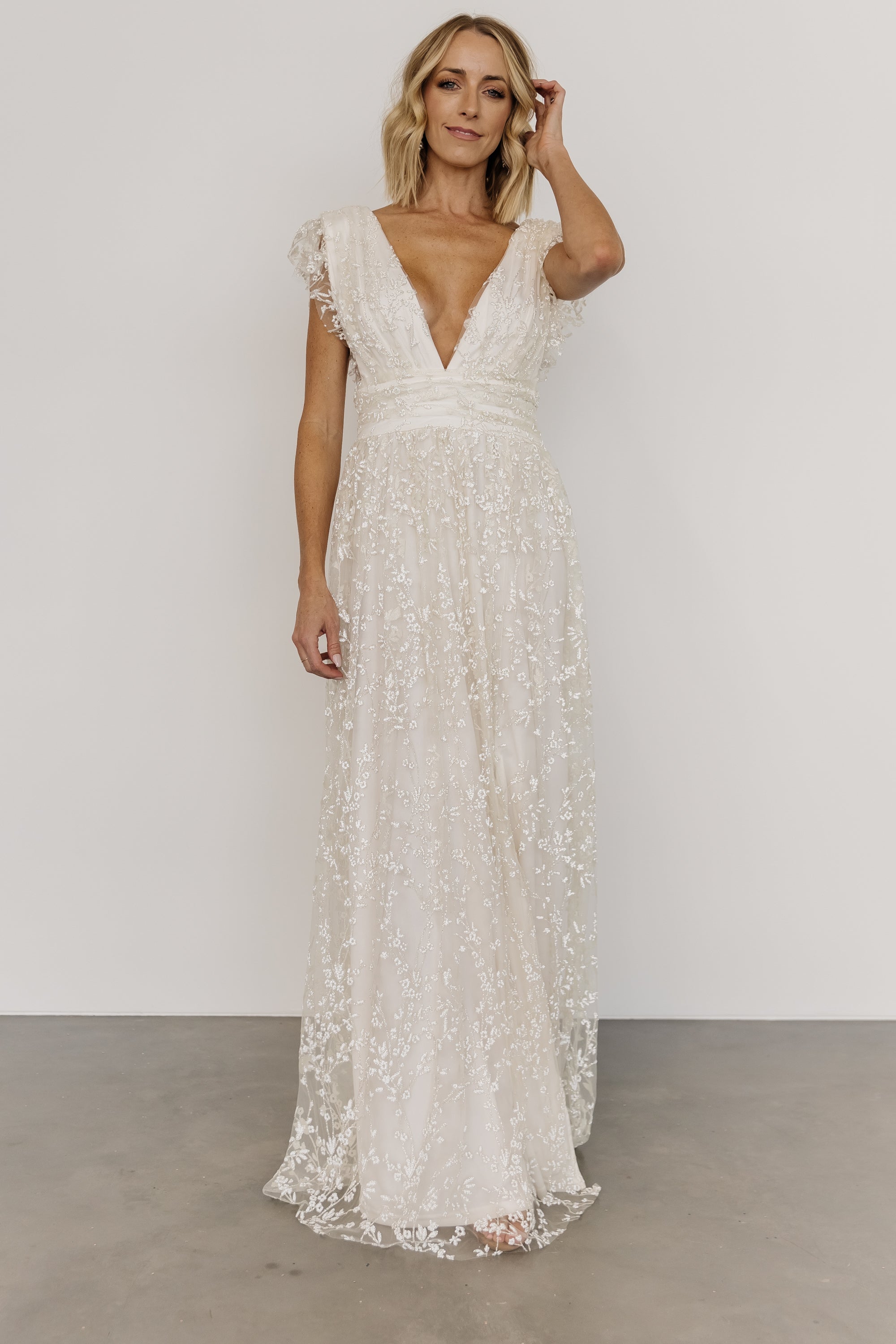 Ivory Shimmer Gown with Floral Pattern & V-Neck | Arlene