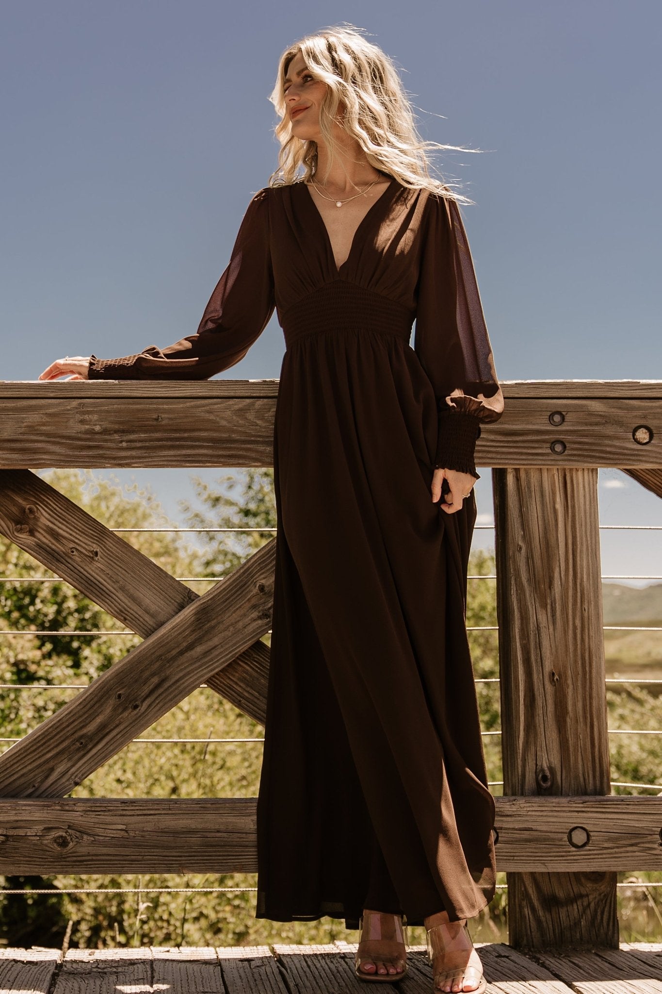 Chiffon Maxi Dress with Smocked Waist & Long Sleeves | Baltic Born