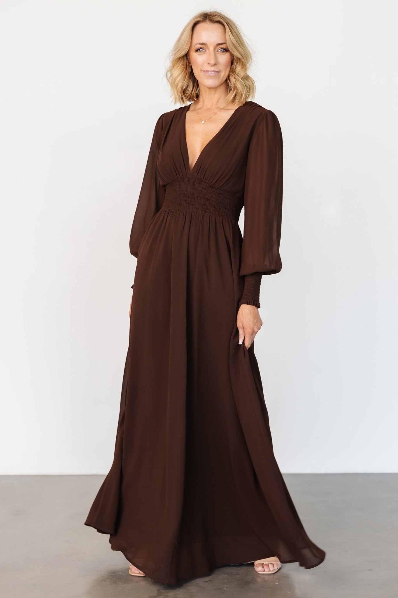 Chiffon Maxi Dress with Smocked Waist & Long Sleeves | Baltic Born
