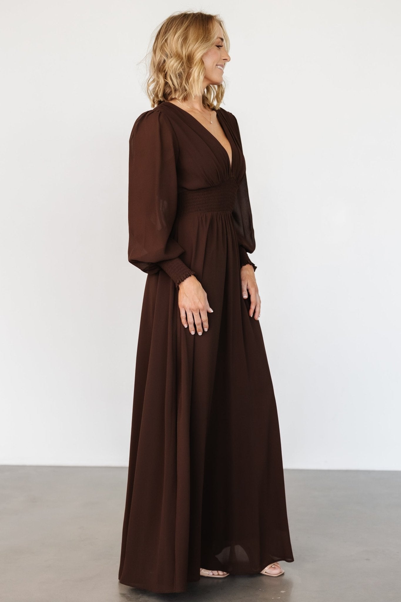 Chiffon Maxi Dress with Smocked Waist & Long Sleeves | Baltic Born