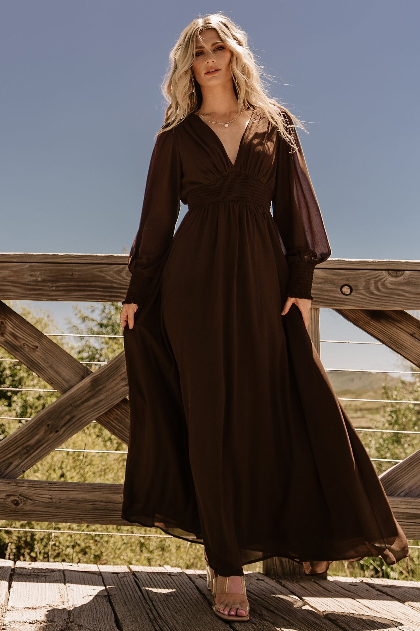 Chiffon Maxi Dress with Smocked Waist & Long Sleeves | Baltic Born