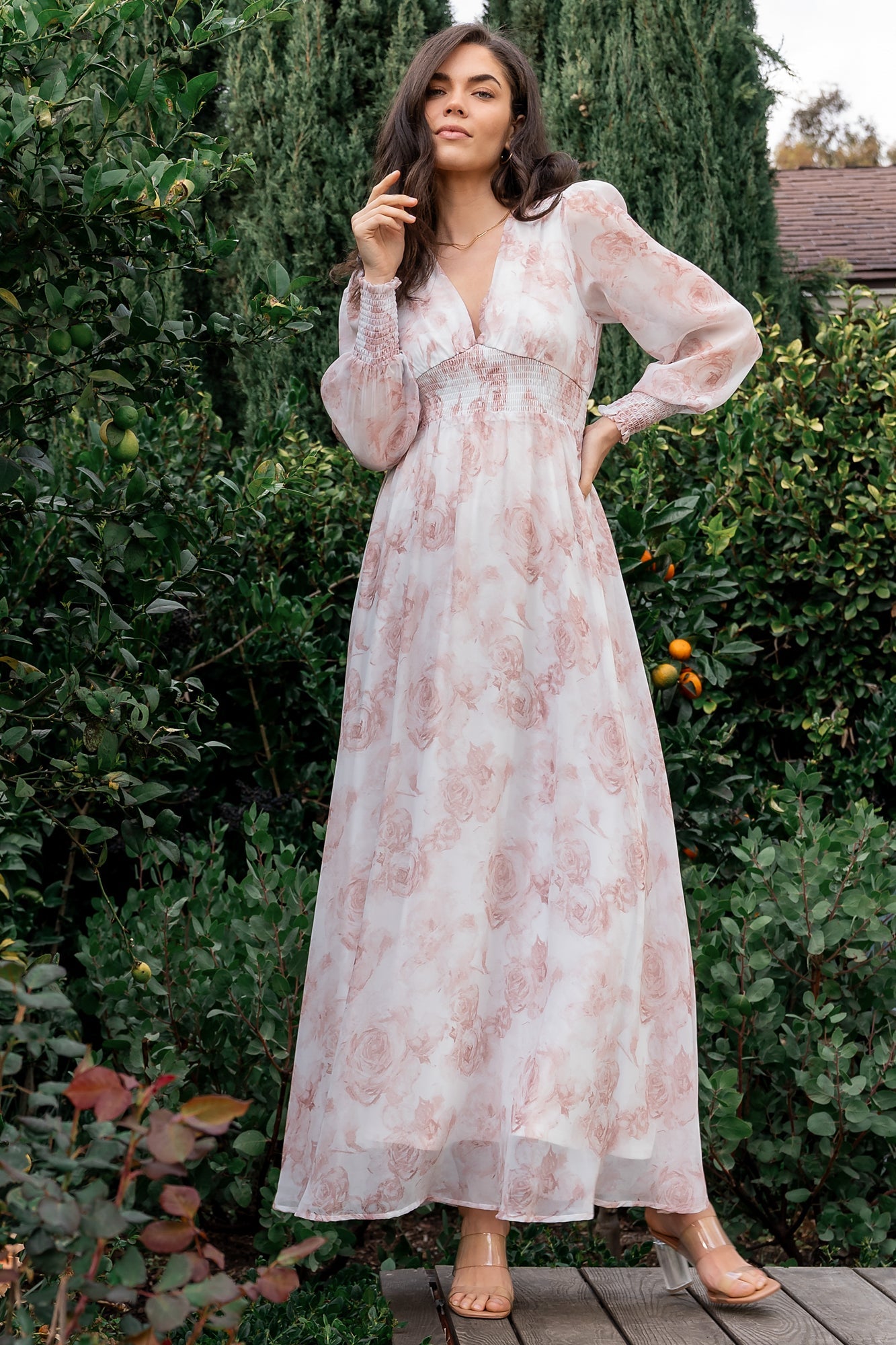 Pink Floral Maxi Dress with Smocked Waist & Long Sleeves | Baltic Born