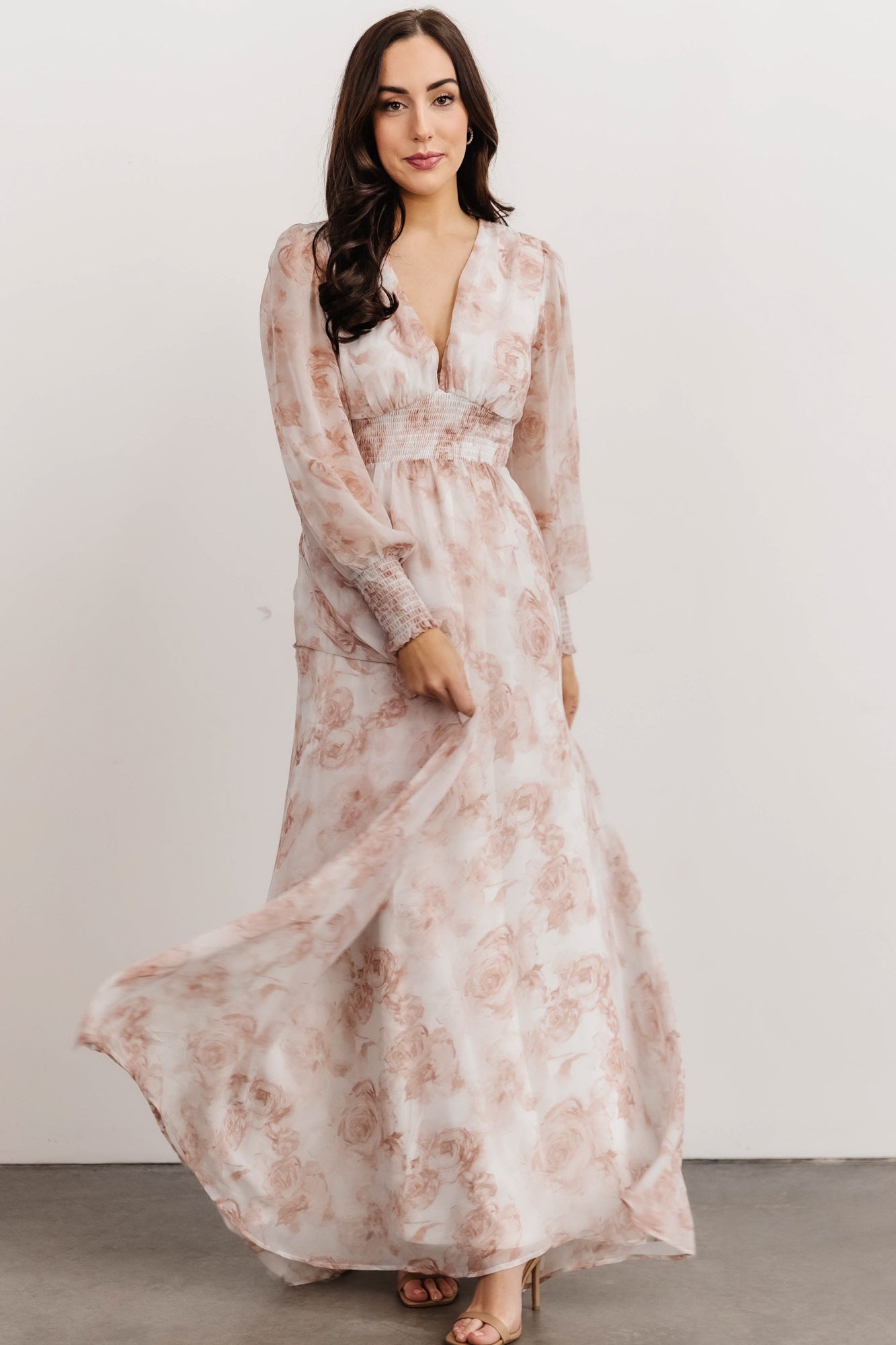 Pink Floral Maxi Dress with Smocked Waist & Long Sleeves | Baltic Born