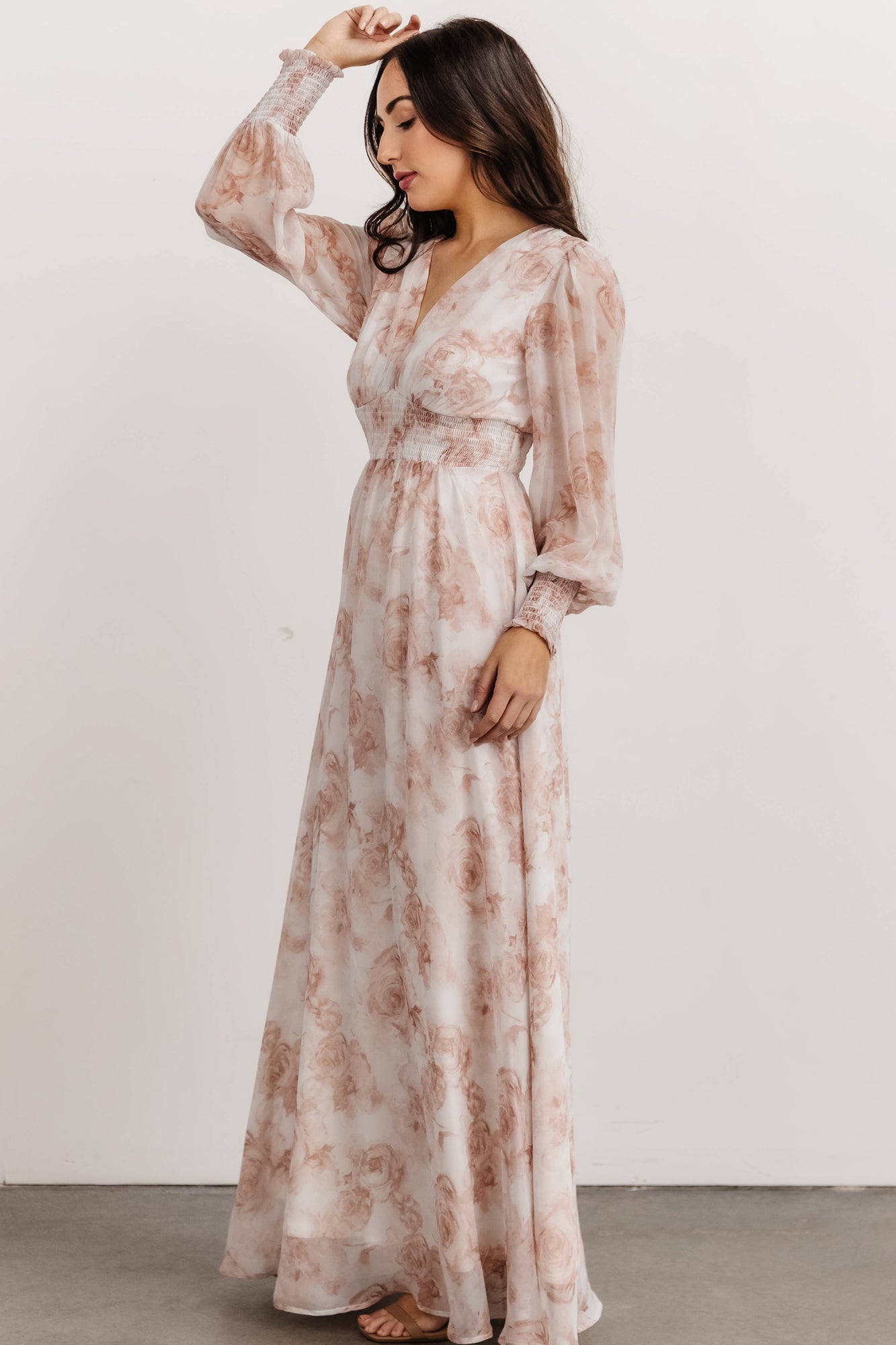 Pink Floral Maxi Dress with Smocked Waist & Long Sleeves | Baltic Born
