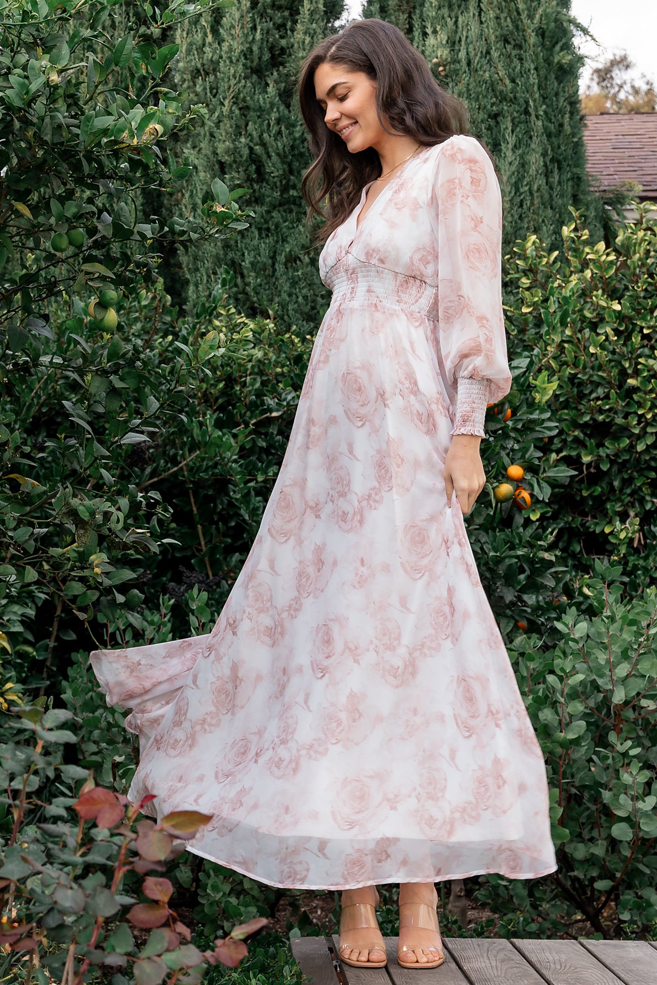 Pink Floral Maxi Dress with Smocked Waist & Long Sleeves | Baltic Born