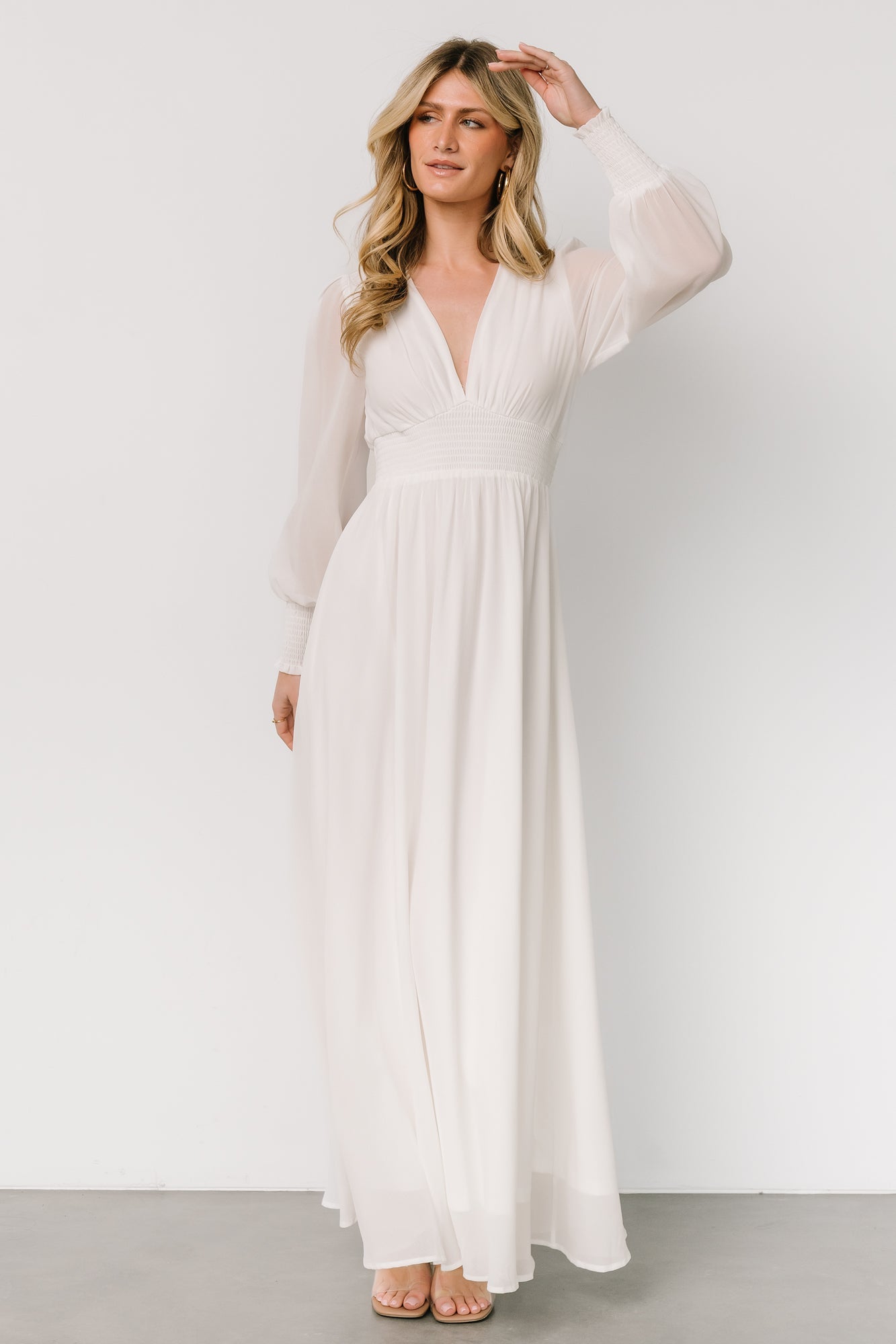 White Chiffon Maxi Dress with Smocked Waist & Long Sleeves | Baltic Born
