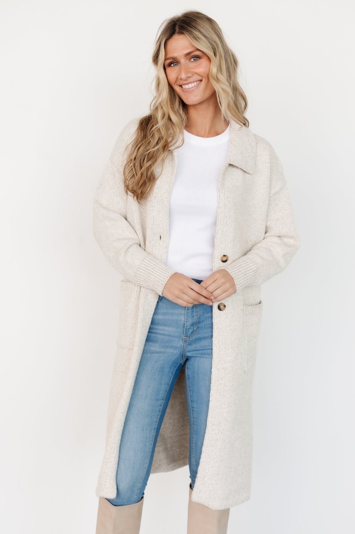Long Button Cardigan for Women | Oatmeal Sweater with Patch Pockets | Baltic Born