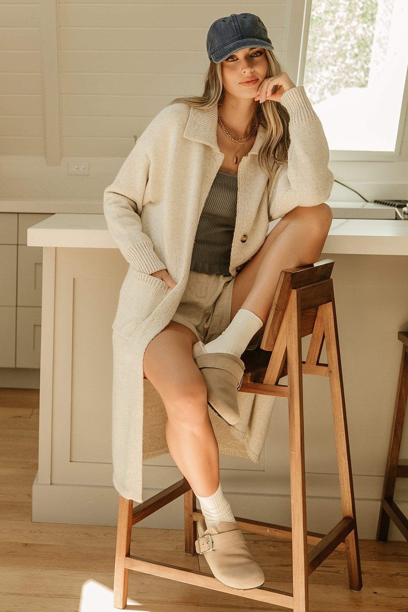 Long Button Cardigan for Women | Oatmeal Sweater with Patch Pockets | Baltic Born