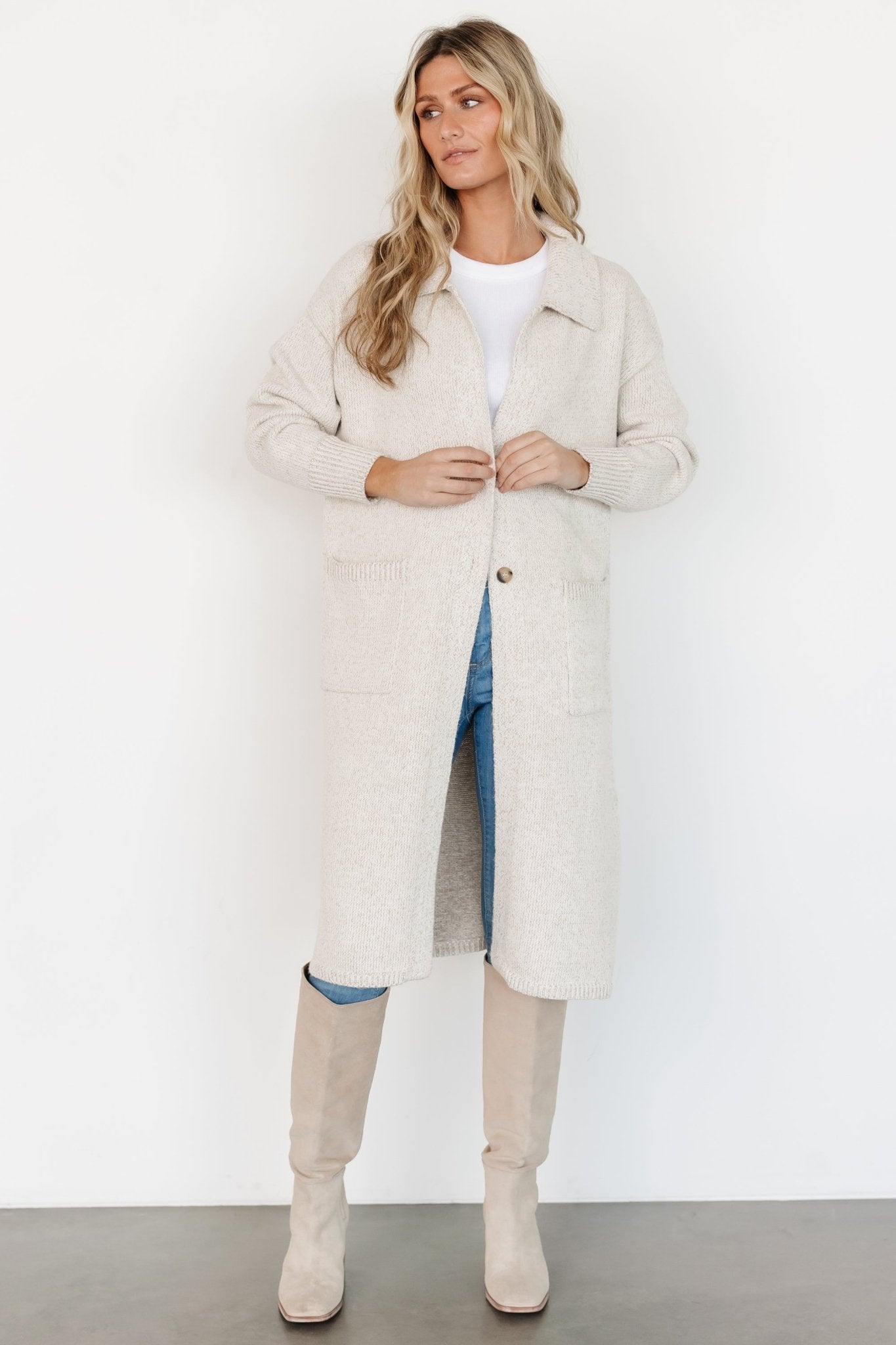 Long Button Cardigan for Women | Oatmeal Sweater with Patch Pockets | Baltic Born
