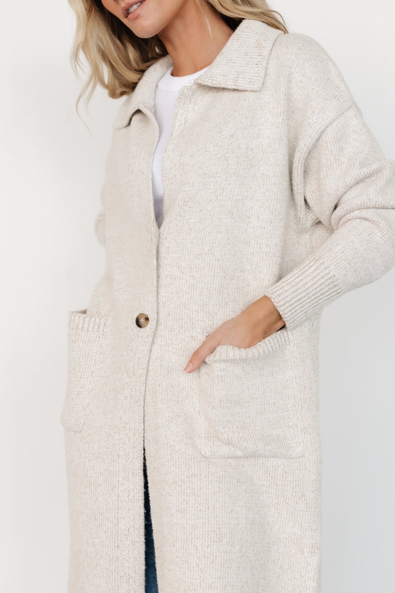 Long Button Cardigan for Women | Oatmeal Sweater with Patch Pockets | Baltic Born