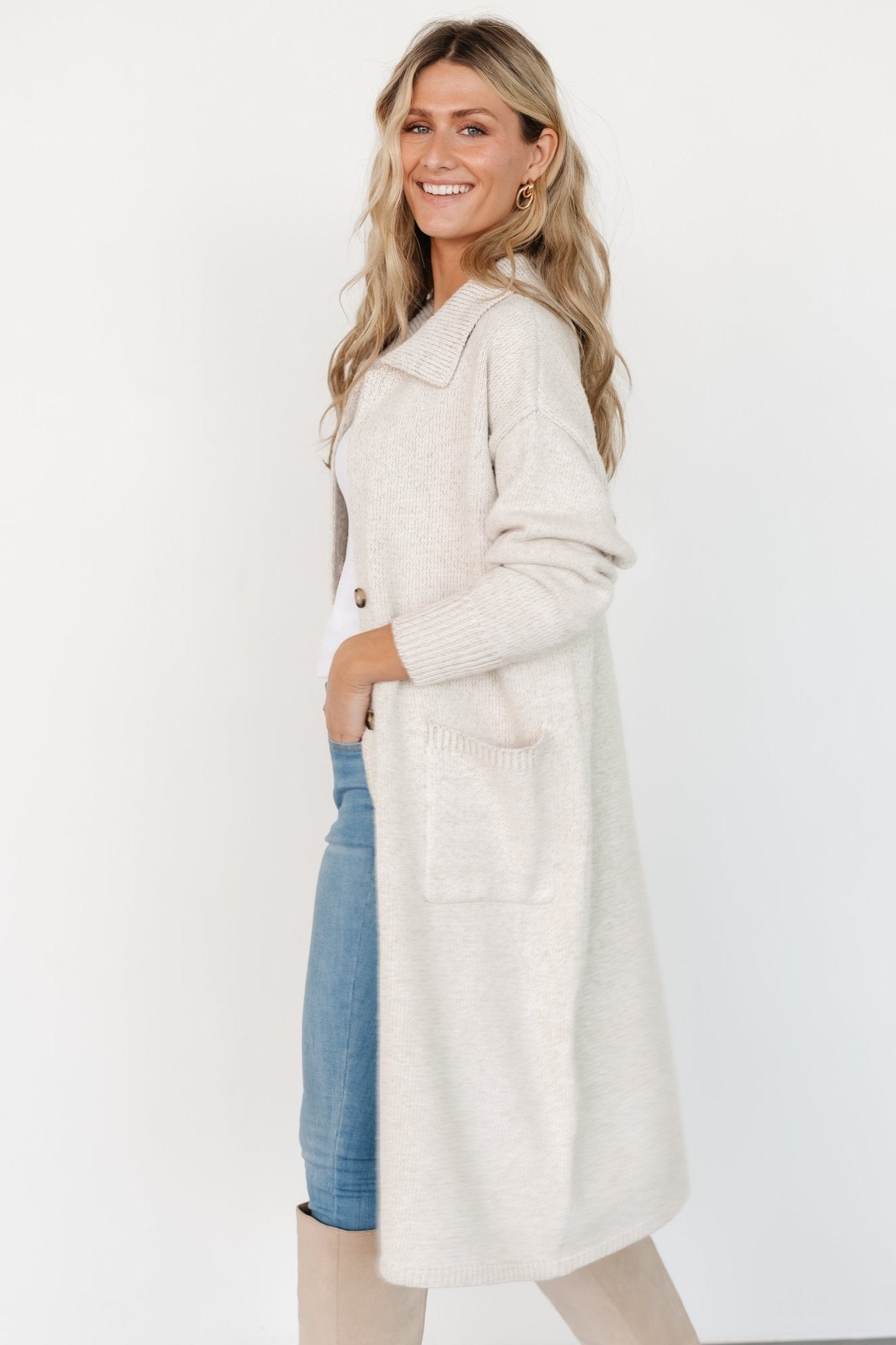 Long Button Cardigan for Women | Oatmeal Sweater with Patch Pockets | Baltic Born