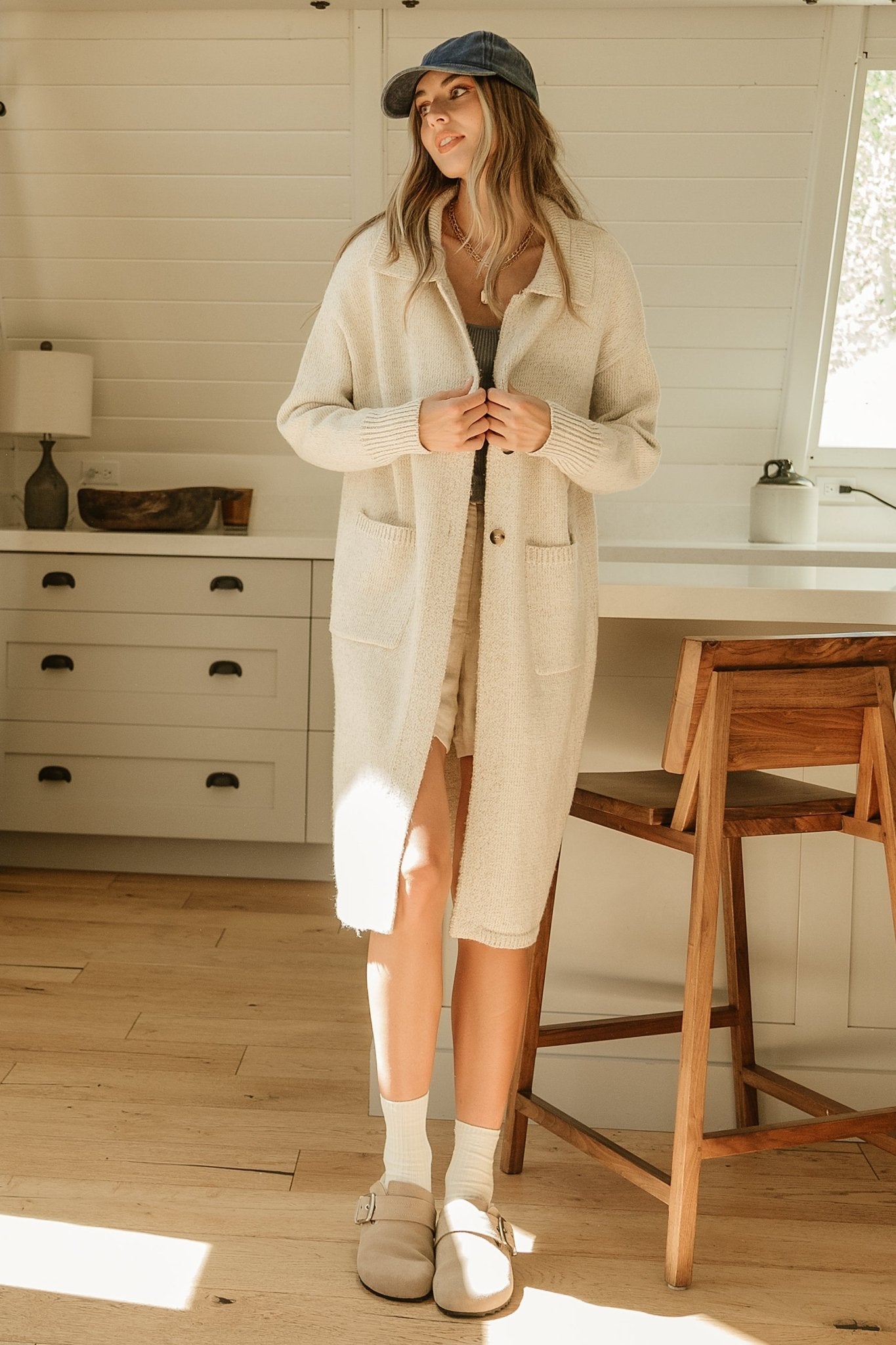 Long Button Cardigan for Women | Oatmeal Sweater with Patch Pockets | Baltic Born