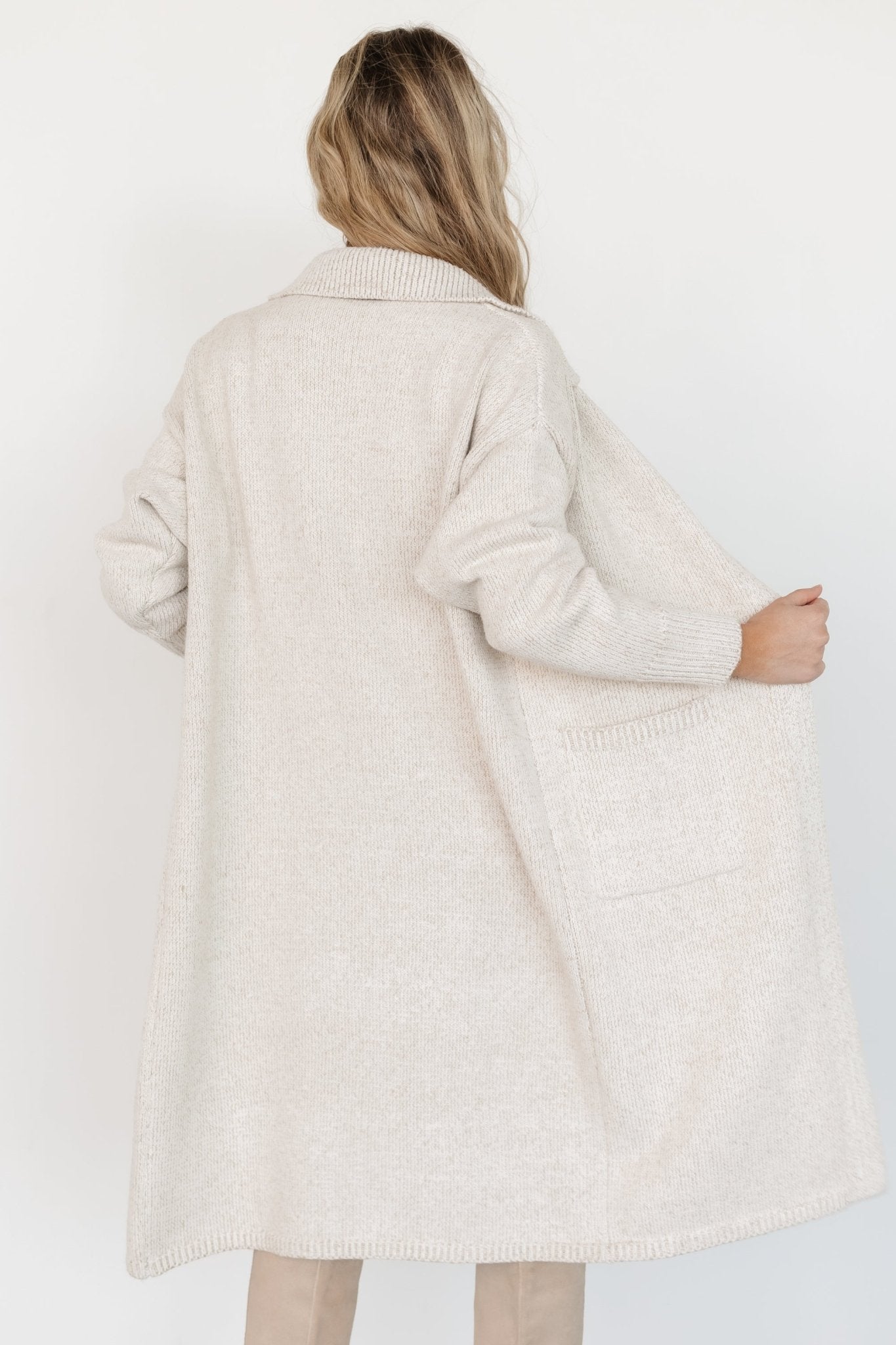 Long Button Cardigan for Women | Oatmeal Sweater with Patch Pockets | Baltic Born